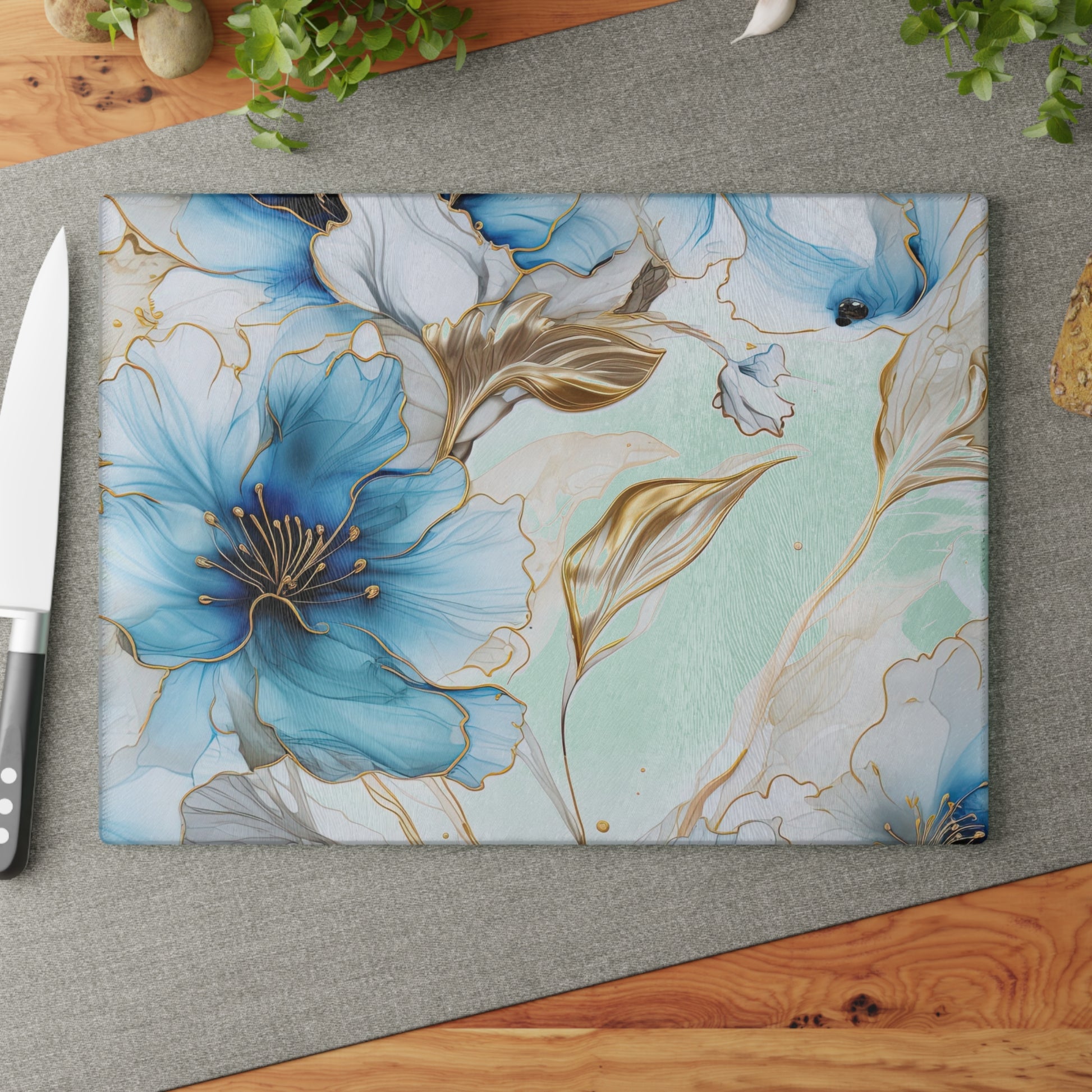Elegant Aqua Floral Glass Cutting Board with Gold Accents