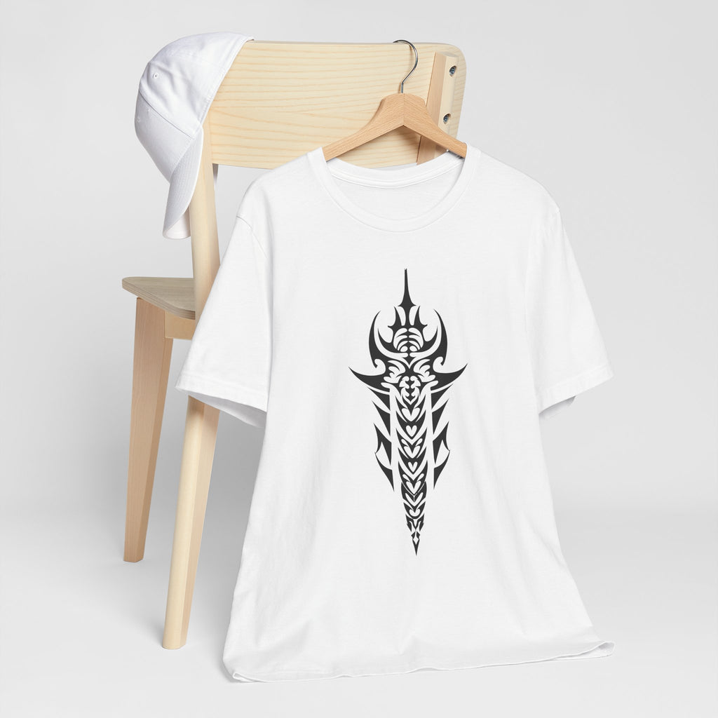 Tribal Sword T-Shirt – Bold Black Tattoo Art on Aqua Tee
