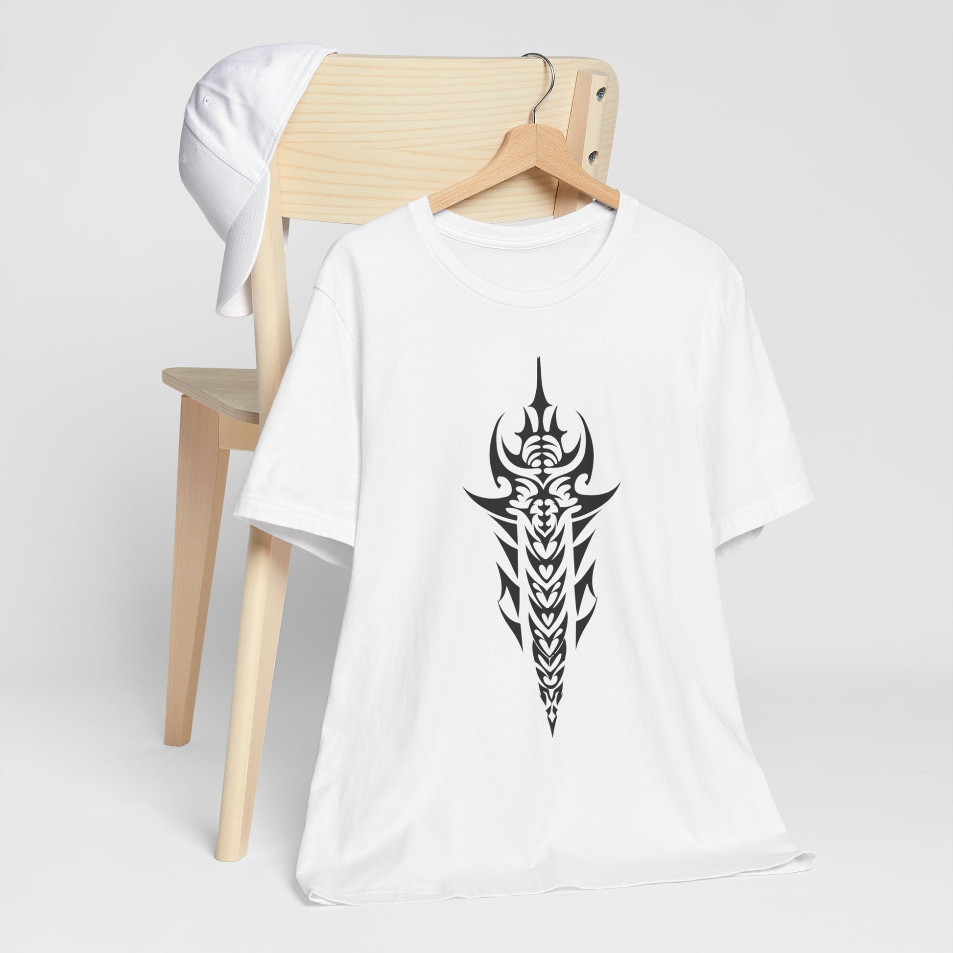 Tribal Sword T-Shirt – Bold Black Tattoo Art on Aqua Tee