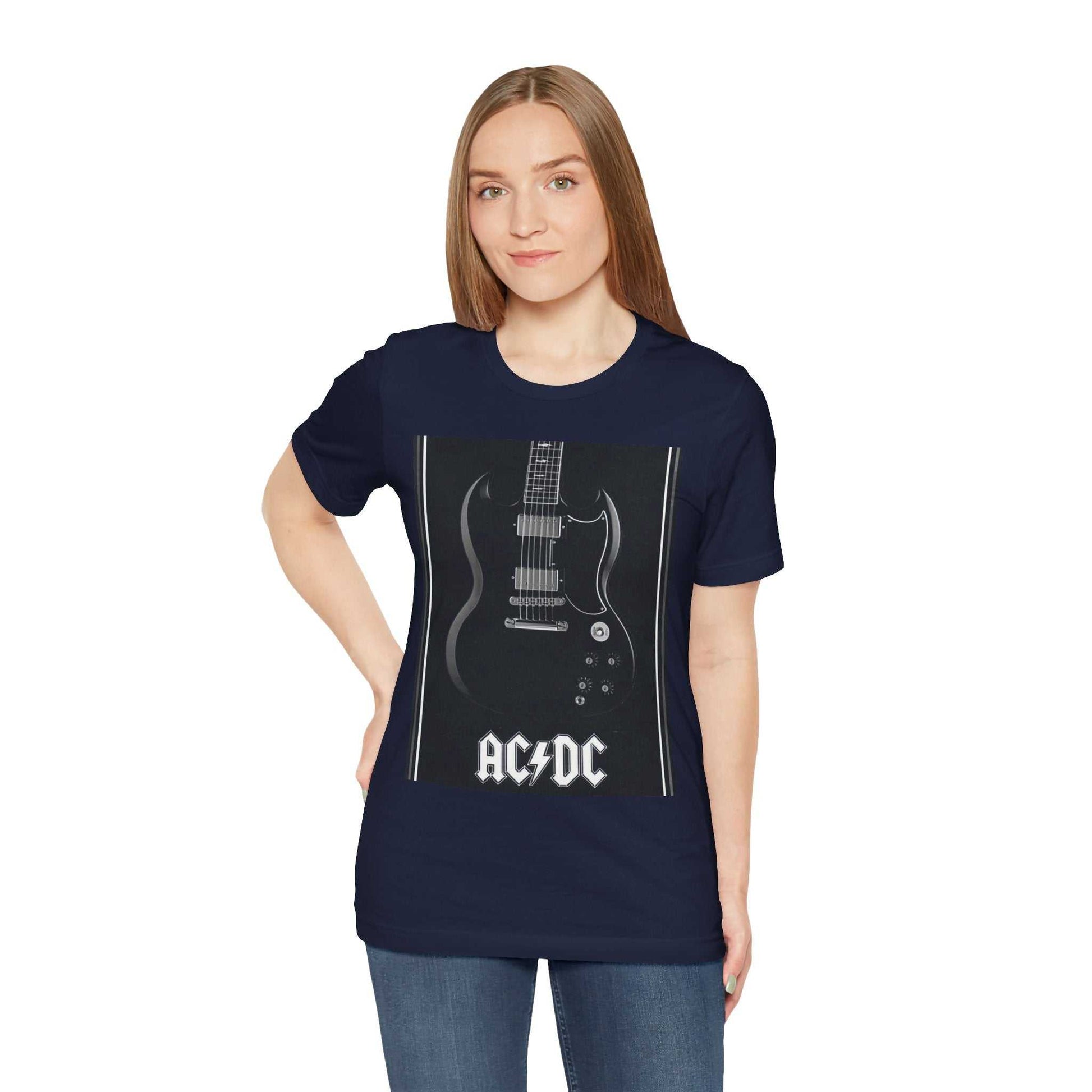Woman wearing navy rock guitar graphic tee with AC/DC logo and electric guitar design