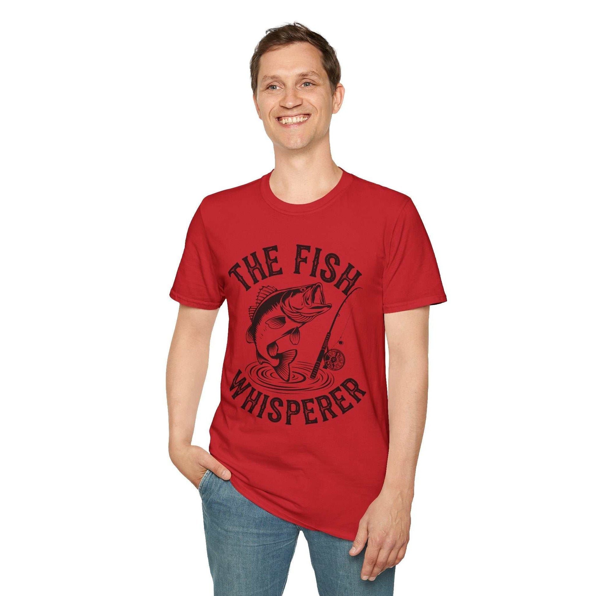 Unisex red softstyle t-shirt with The Fish Whisperer fishing graphic, casual fit, and comfortable cotton fabric