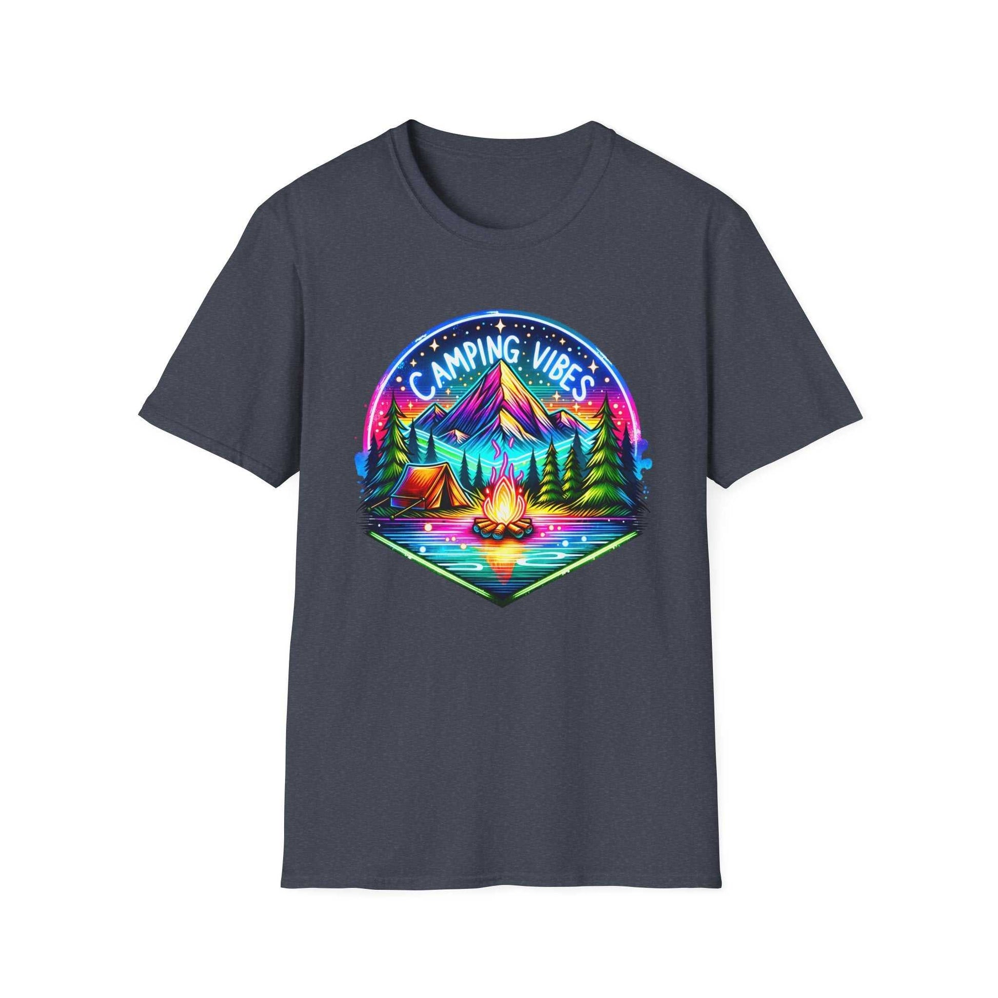 Unisex dark gray t-shirt with colorful Camping Vibes graphic featuring a mountain, tent, campfire, and trees