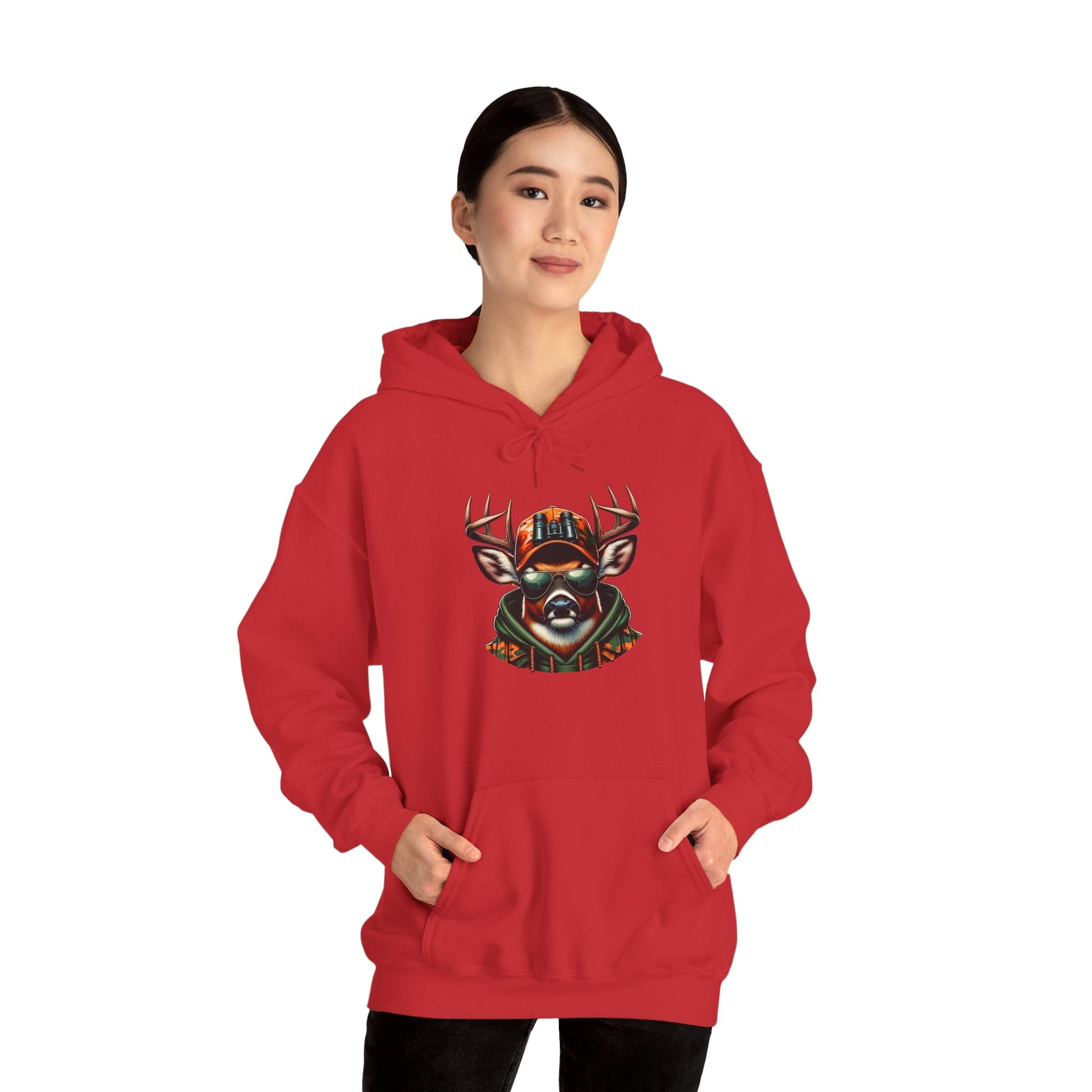Red hooded sweatshirt with bold deer graphic design on front, worn by model