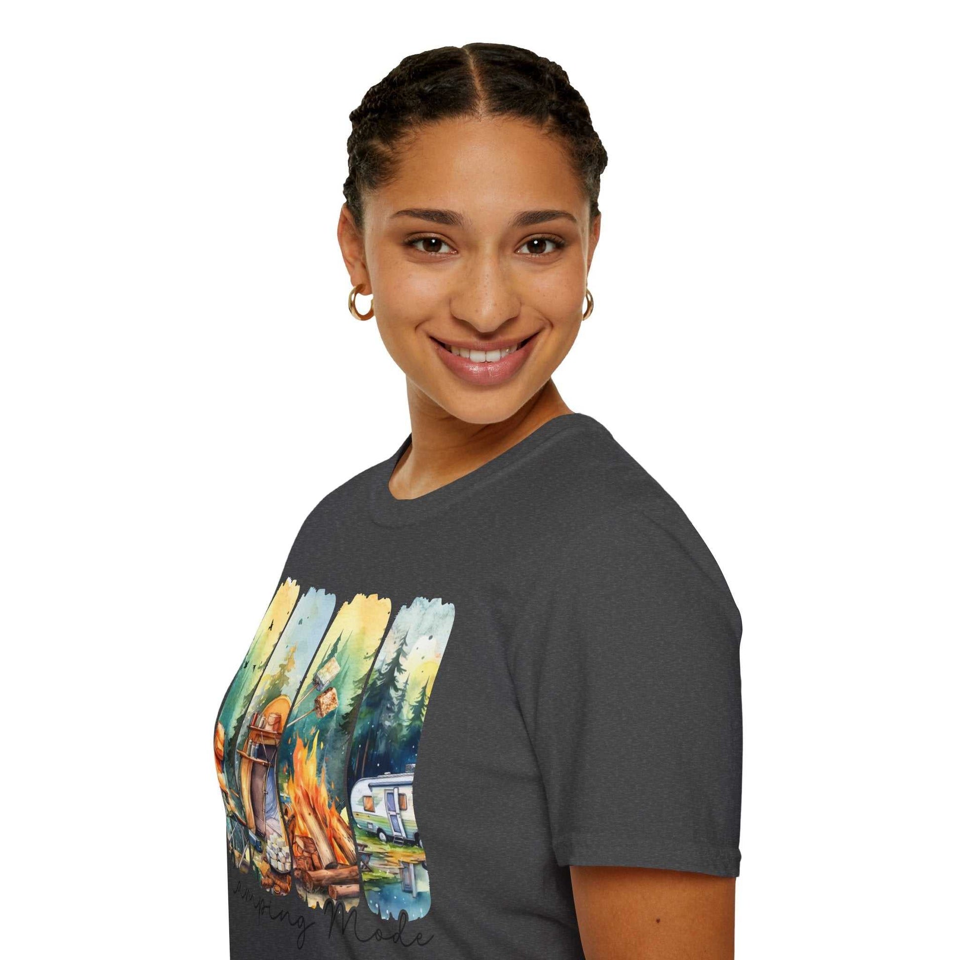 woman wearing black Camping Adventure unisex t-shirt with colorful outdoor camping design smiling