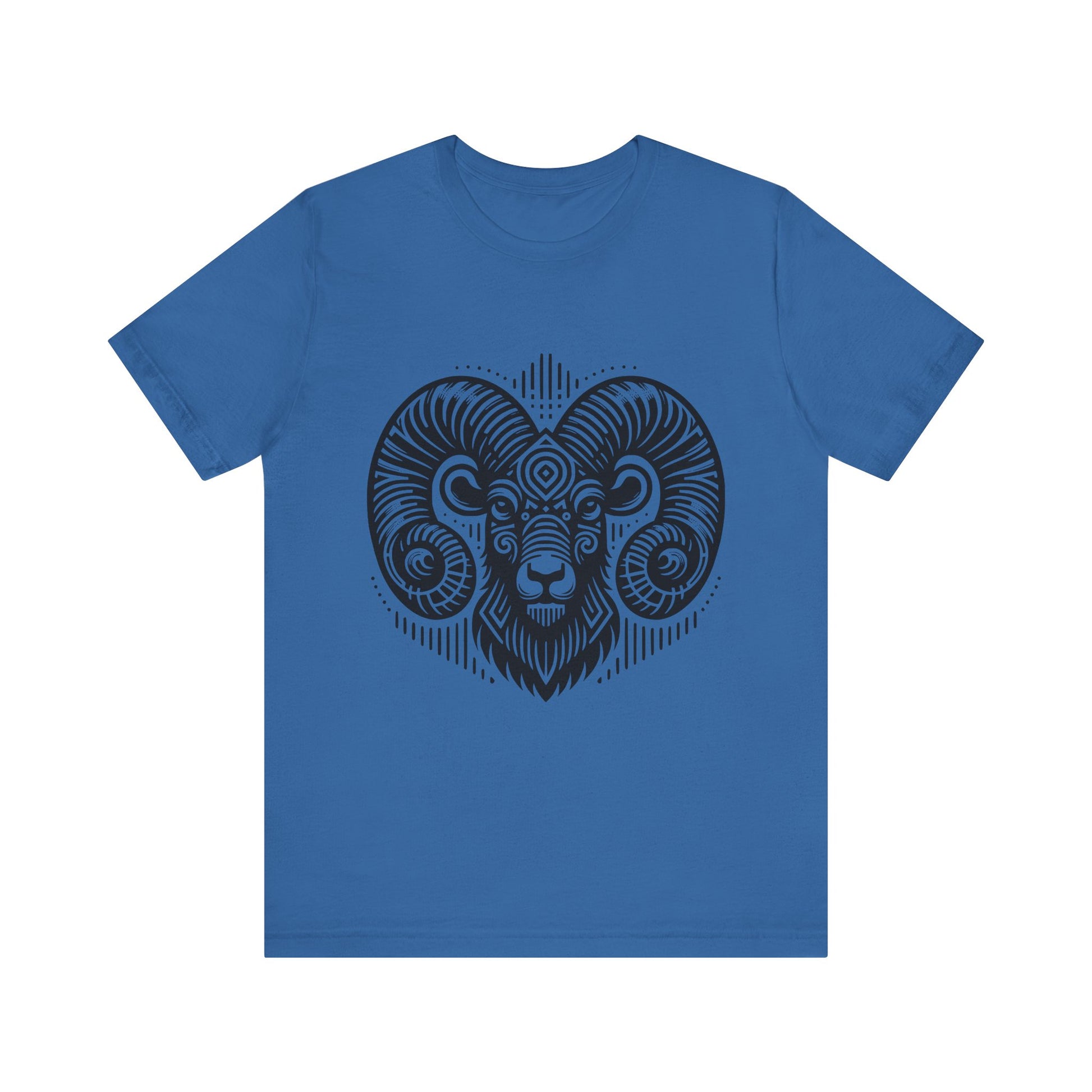 Striking tee with an intricate black tribal ram design, offered in vibrant color options