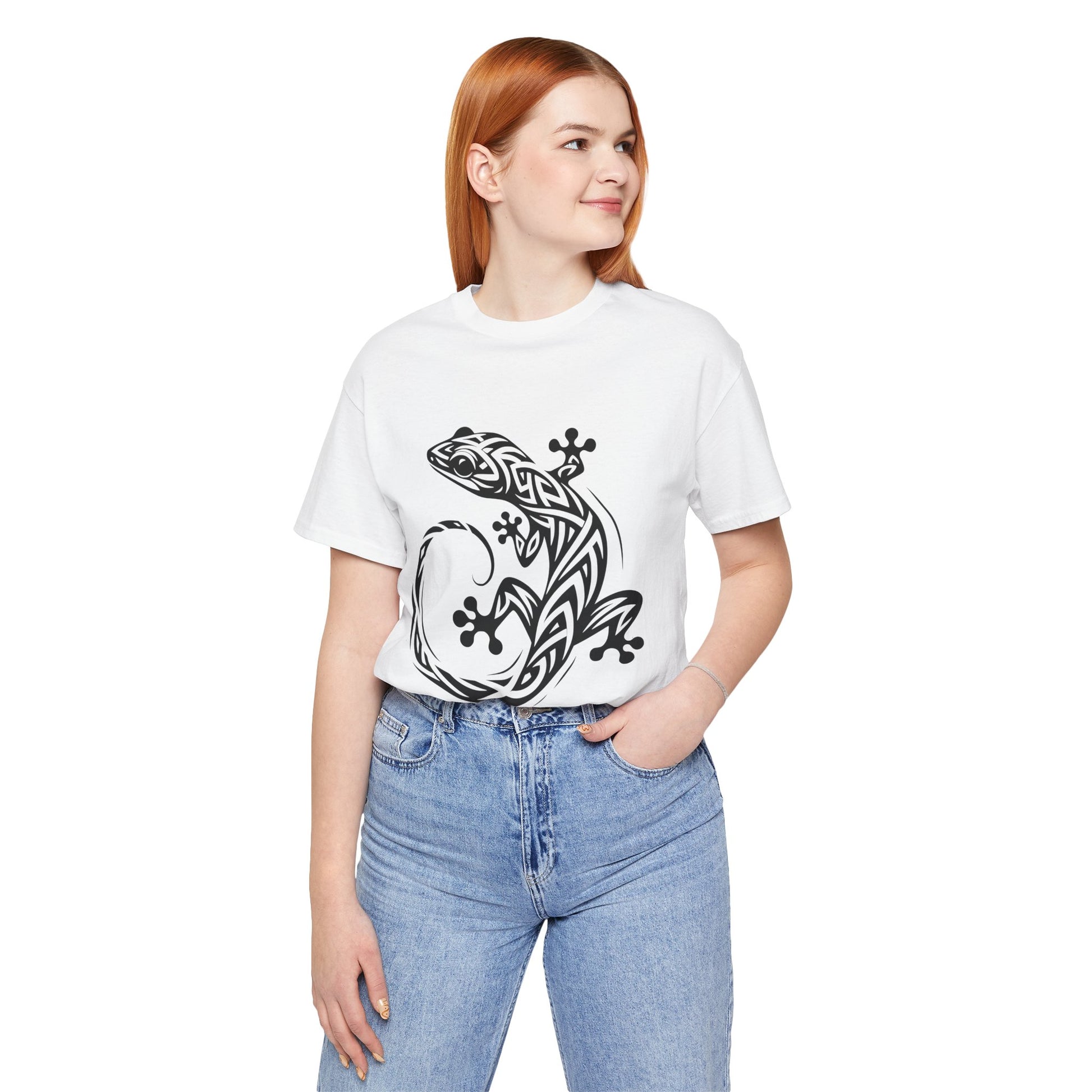 Tribal Gecko Tee – Bold Lizard Tattoo Art on Crisp White T-Shirt