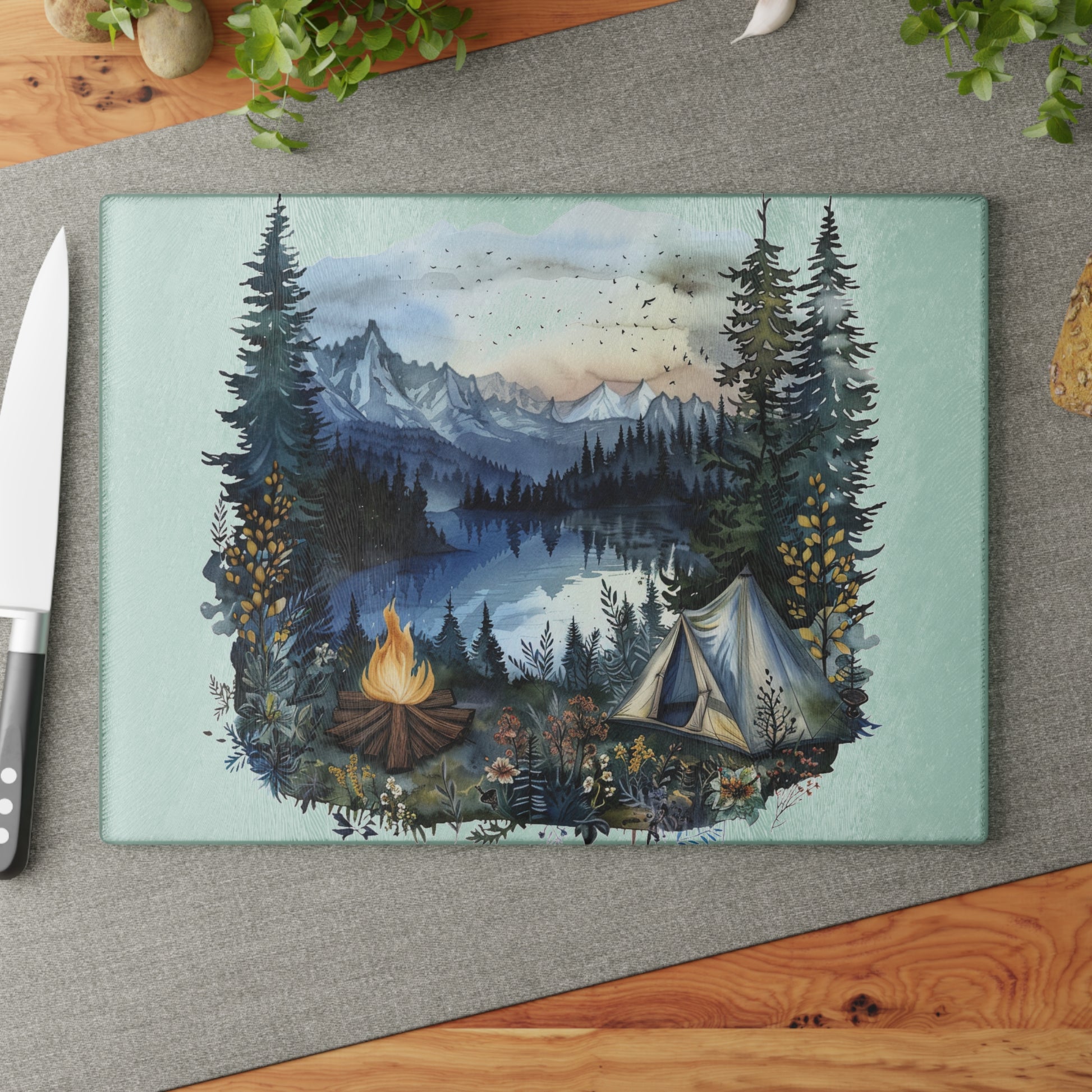 Blue Forest Campfire Cutting Board – Scenic Mountain Lake Kitchen Decor