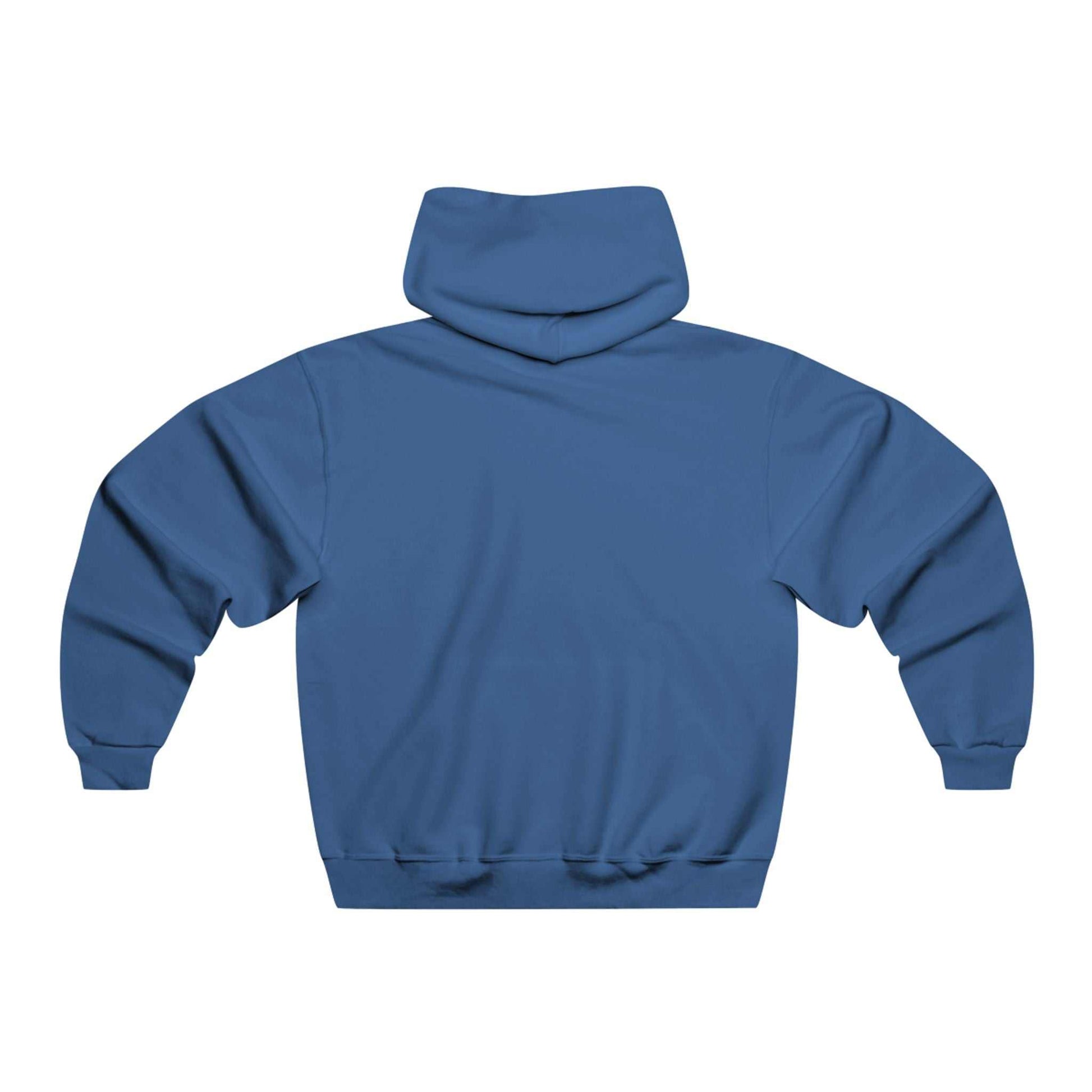 Back view of blue Wilderness Wolf Hoodie with adjustable hood and long sleeves, made of soft cotton blend fabric.