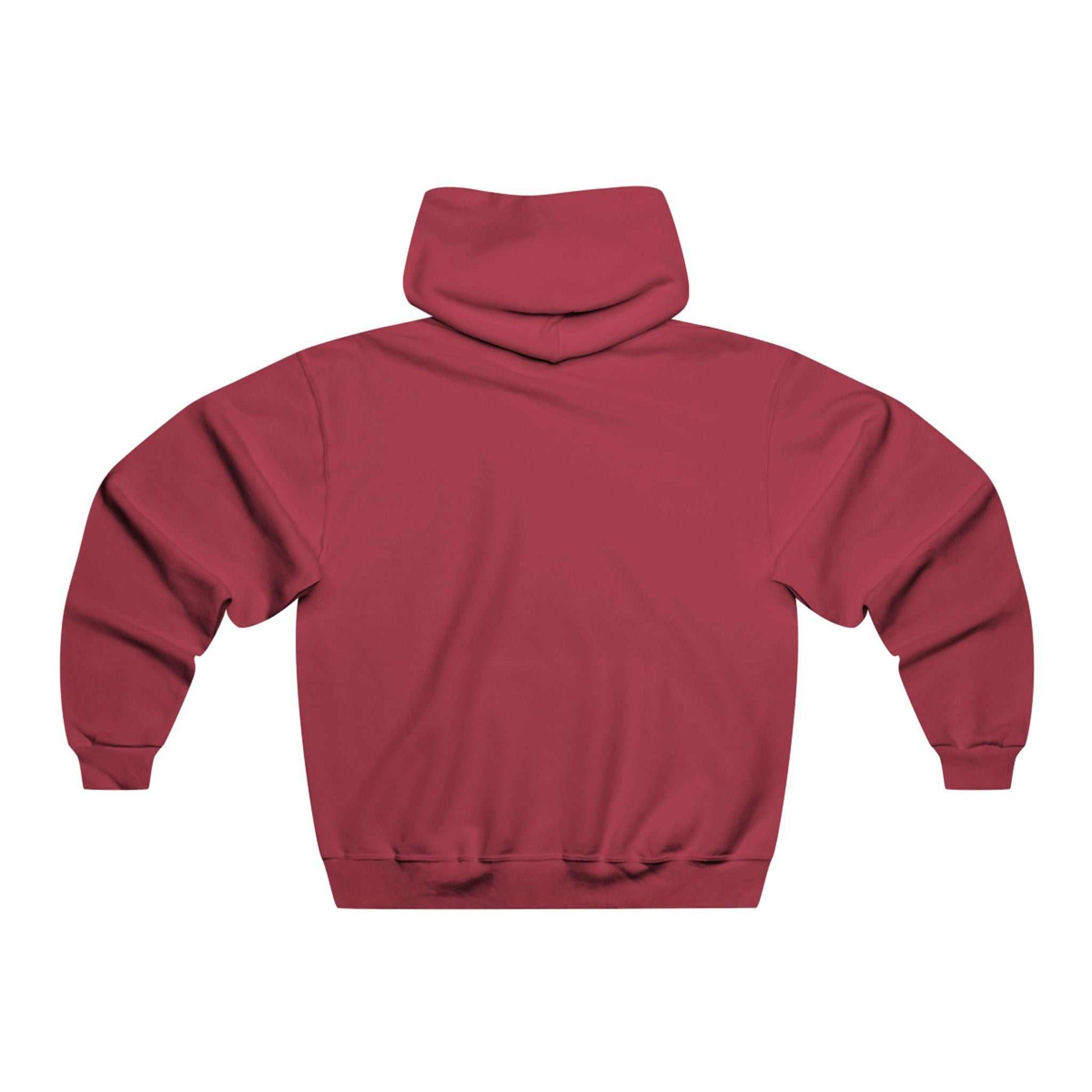 Back view of red Wilderness Wolf Hoodie men's sweatshirt with hood and long sleeves