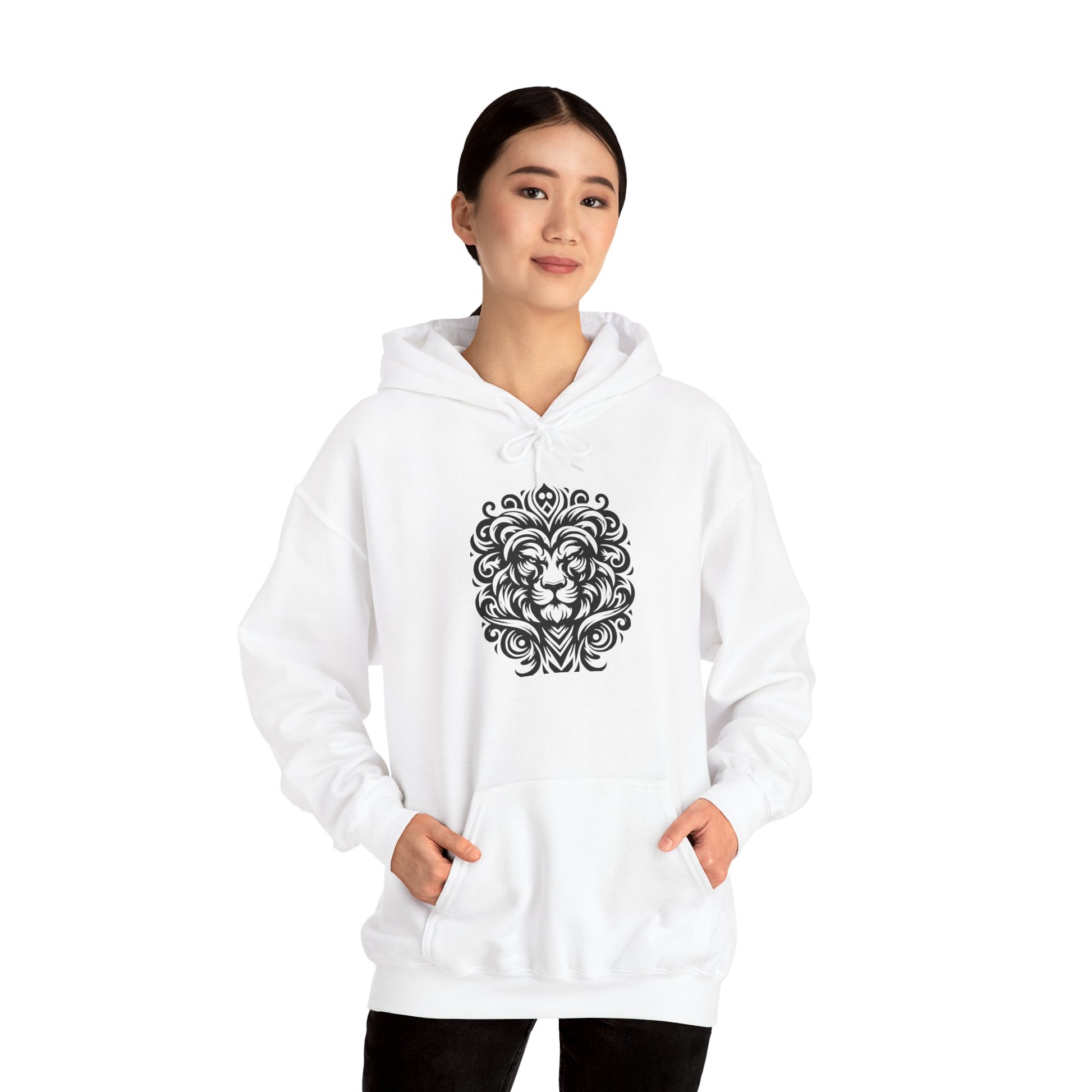 Majestic Tribal Lion Hoodie – Bold Strength in Black Ink Art