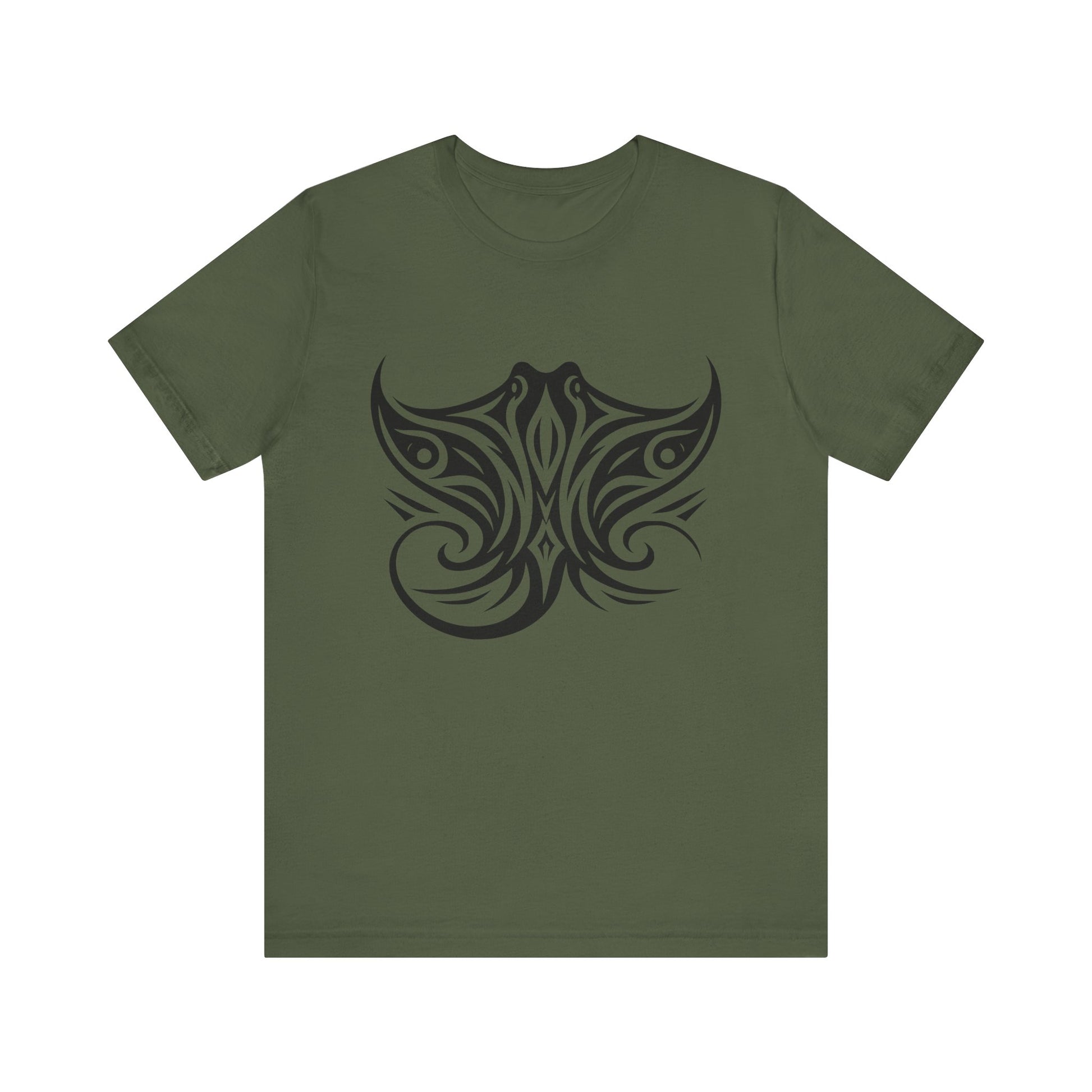 Tribal Manta Ray Tee – Bold Ocean Spirit Art on Sand-Colored Shirt