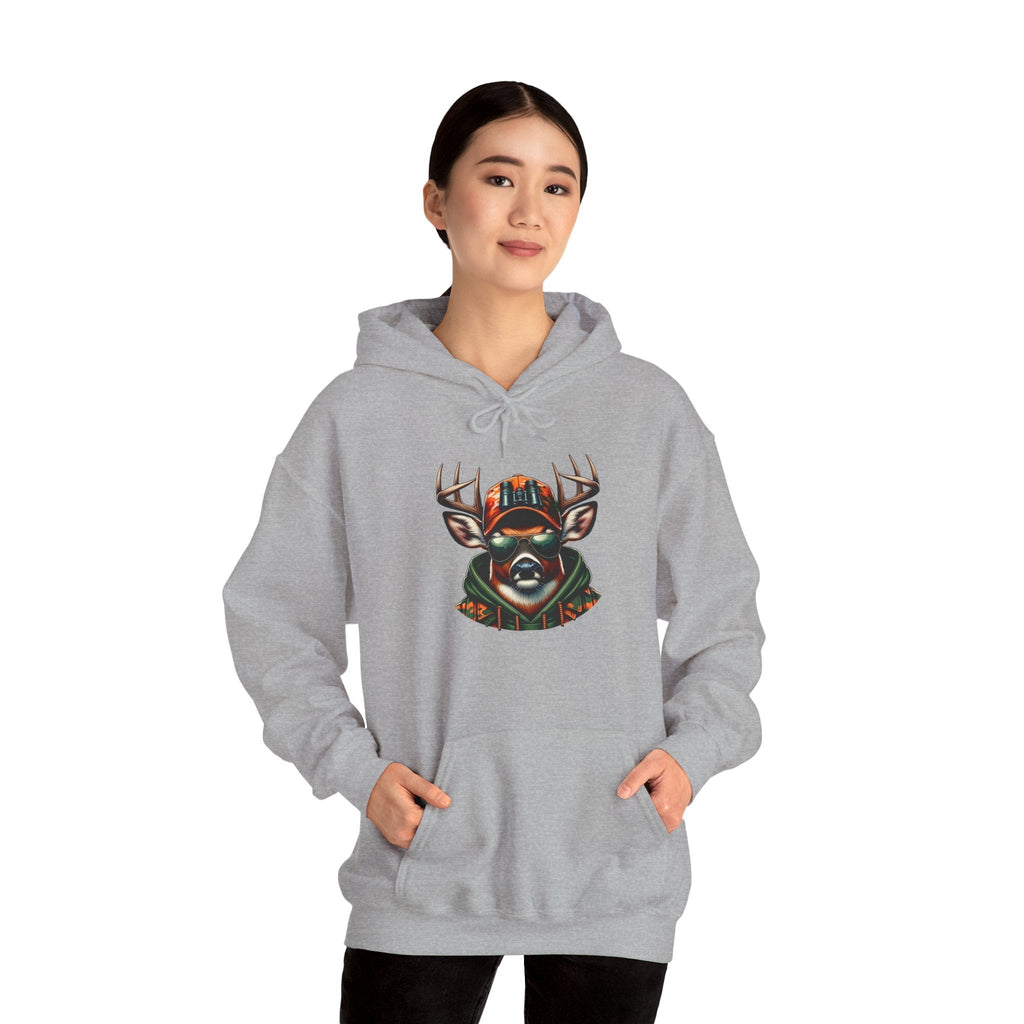 Woman wearing grey hooded sweatshirt with bold colorful deer graphic on front and kangaroo pocket