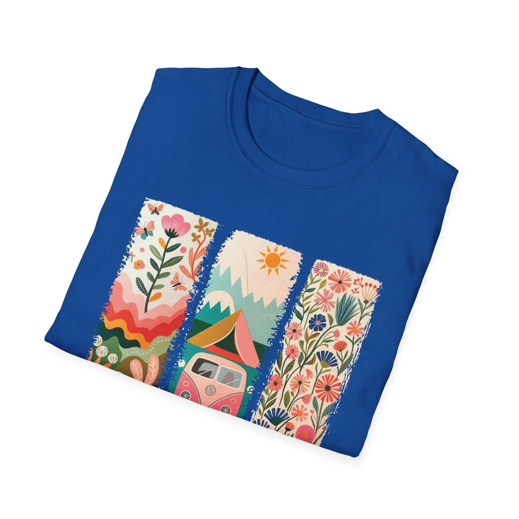 Blue unisex softstyle t-shirt with vibrant camping adventure graphic featuring flowers, mountains, tent, and a camper van.
