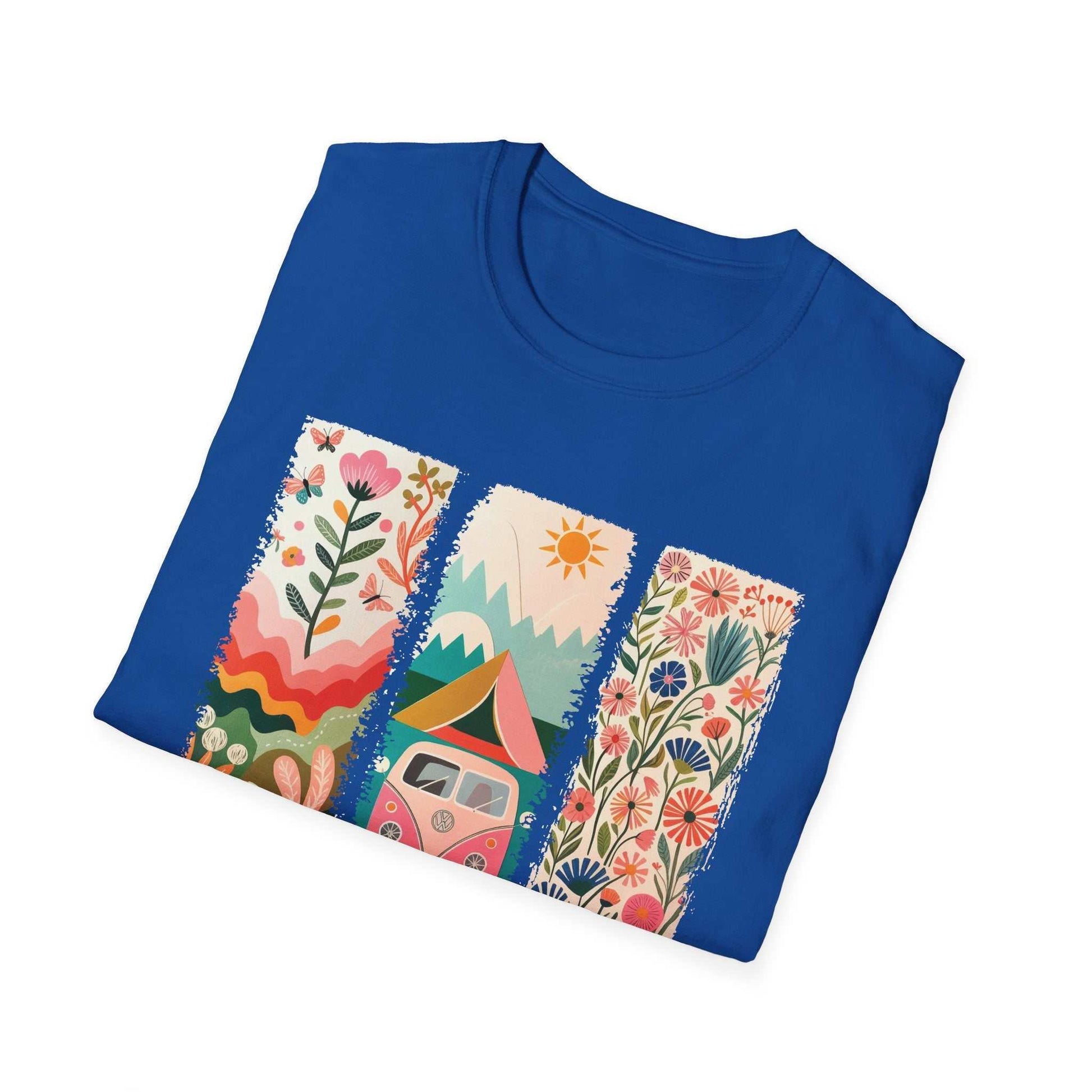 Blue unisex softstyle t-shirt with vibrant camping adventure graphic featuring flowers, mountains, tent, and a camper van.