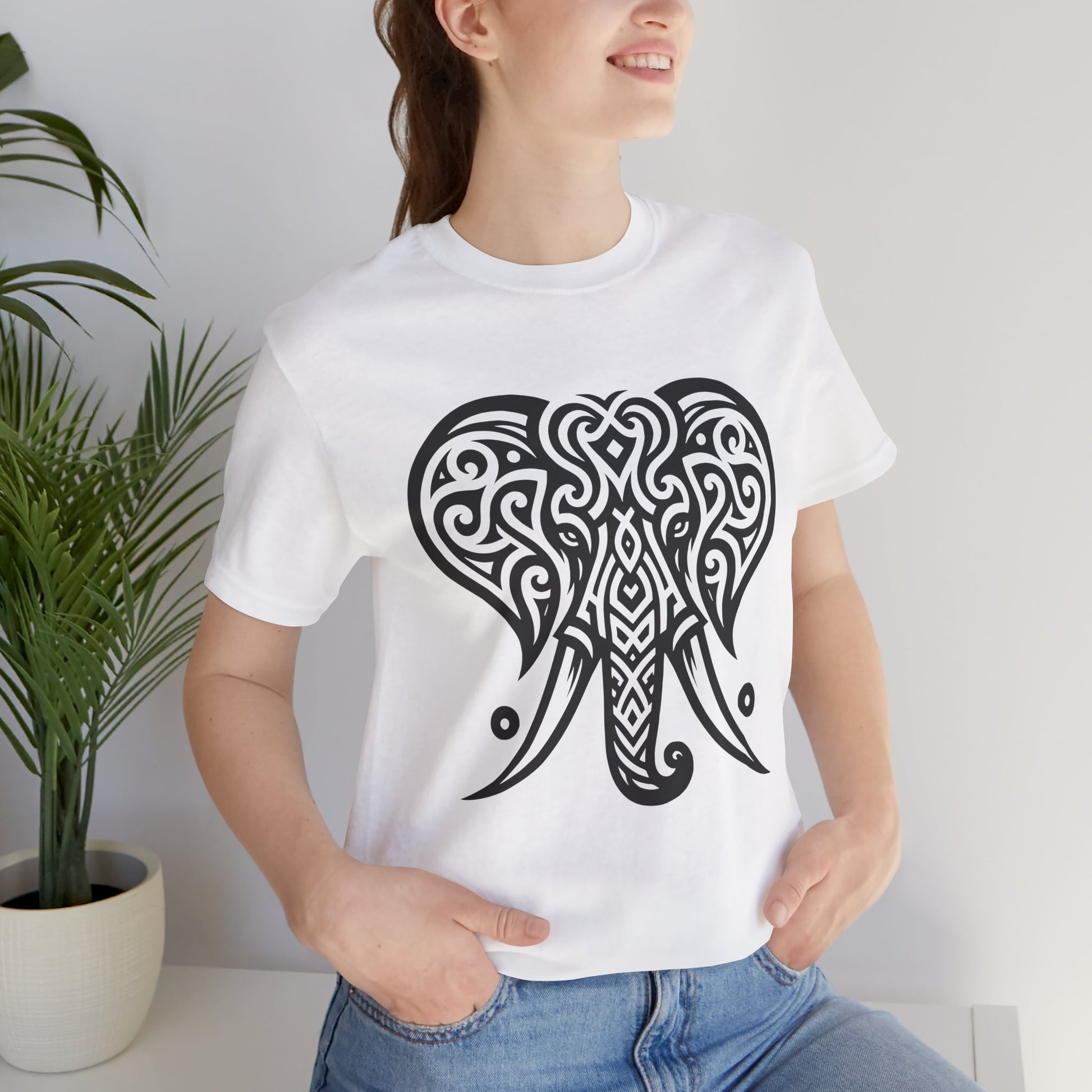 Tribal Elephant T-Shirt – Bold Black Tattoo Art on White Tee