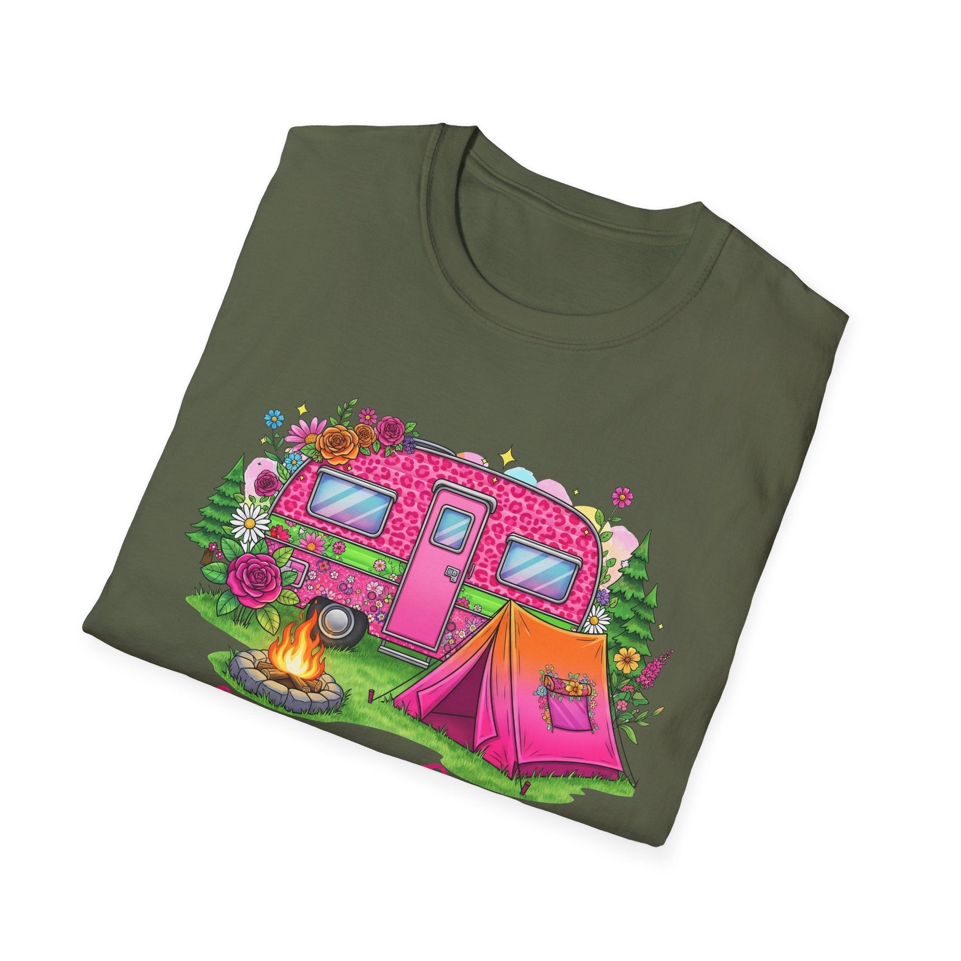 Olive green Camping Queen T-Shirt with colorful pink camper, tent, campfire, and floral outdoor design