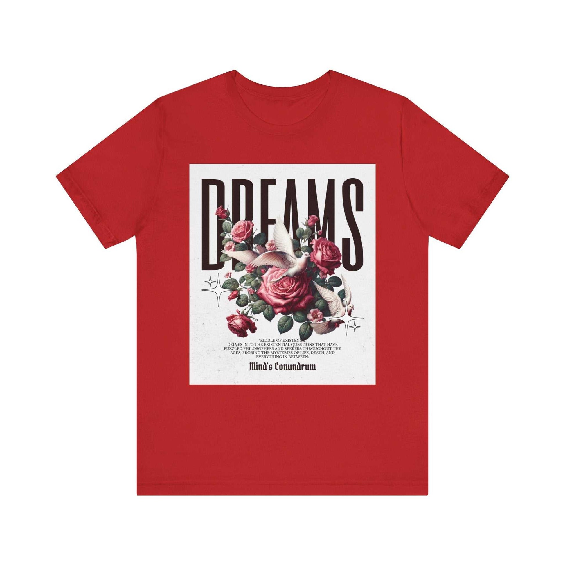 Red Dreams Floral Tee with large graphic print of roses and bird on front