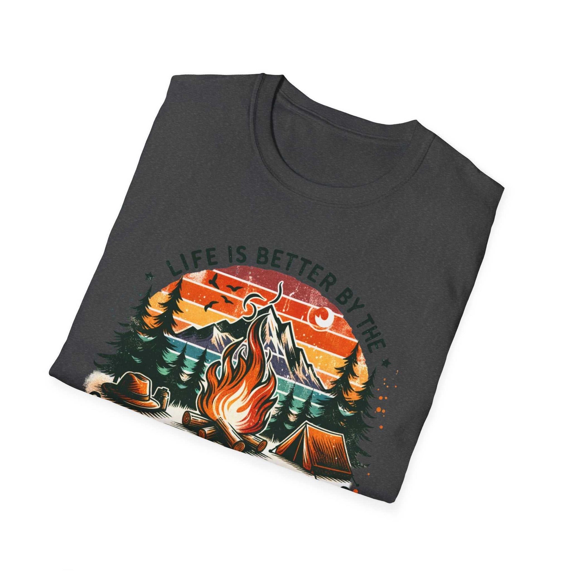 Camping Adventure Unisex T-Shirt with a vibrant campfire and mountain design, soft 100% cotton, classic fit, ideal for outdoor and camping lovers
