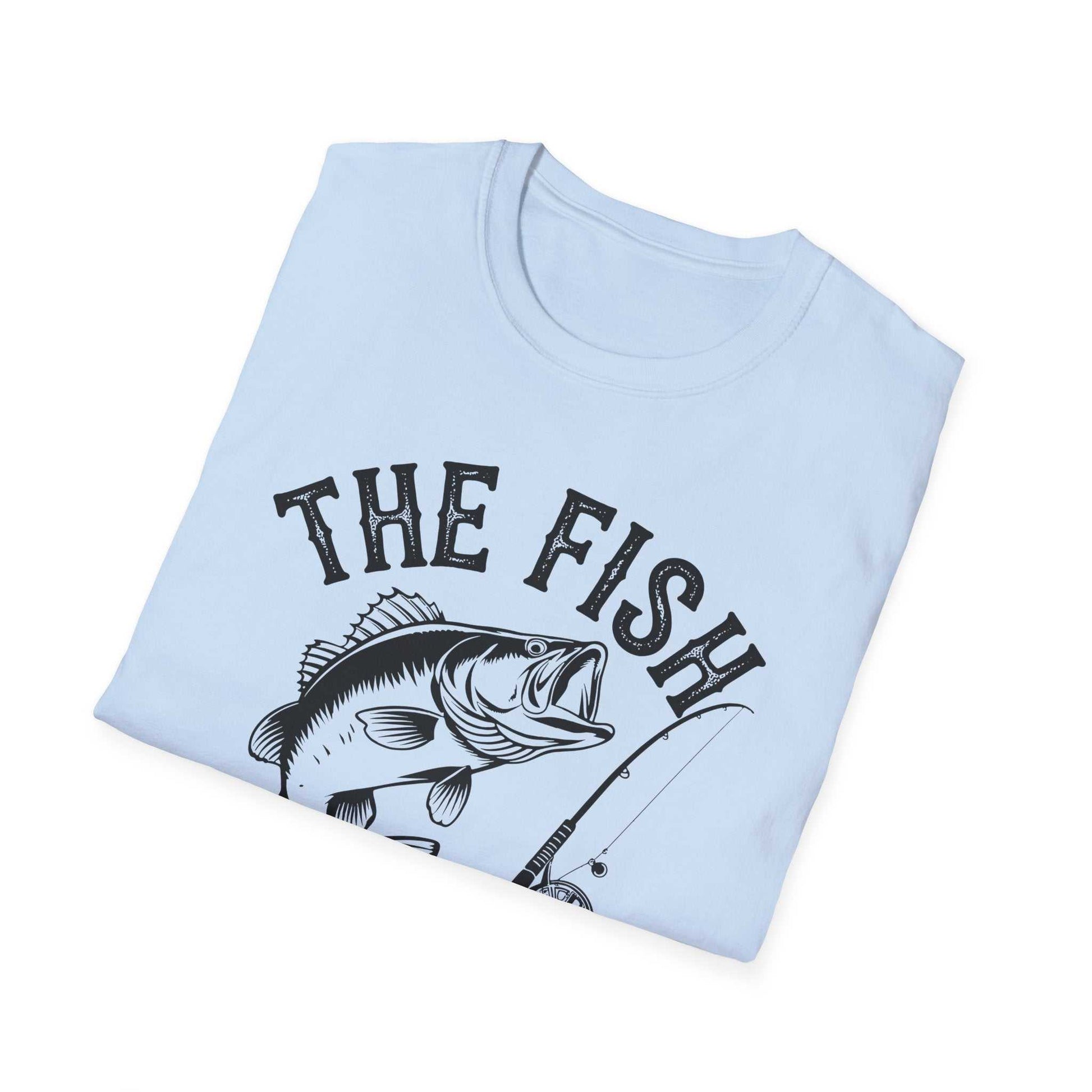 Light blue unisex softstyle t-shirt with "The Fish Whisperer" text and fishing graphic design
