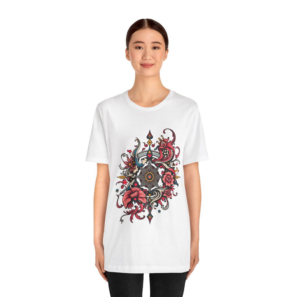 Vibrant tee with ornate red floral mandala design, offered in multiple bold color options