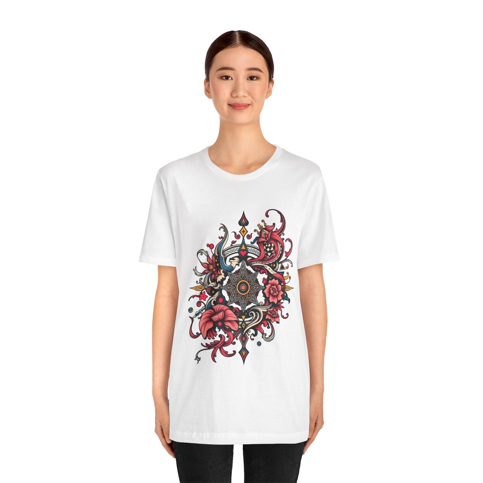 Vibrant tee with ornate red floral mandala design, offered in multiple bold color options