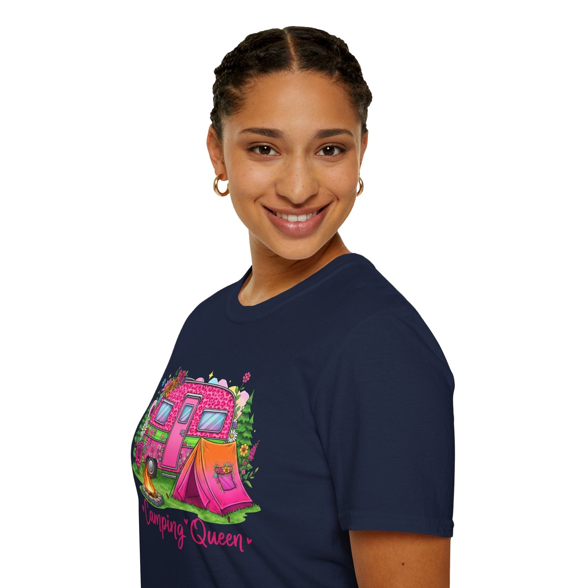 Woman wearing navy Camping Queen T-Shirt with colorful camping trailer and tent graphic