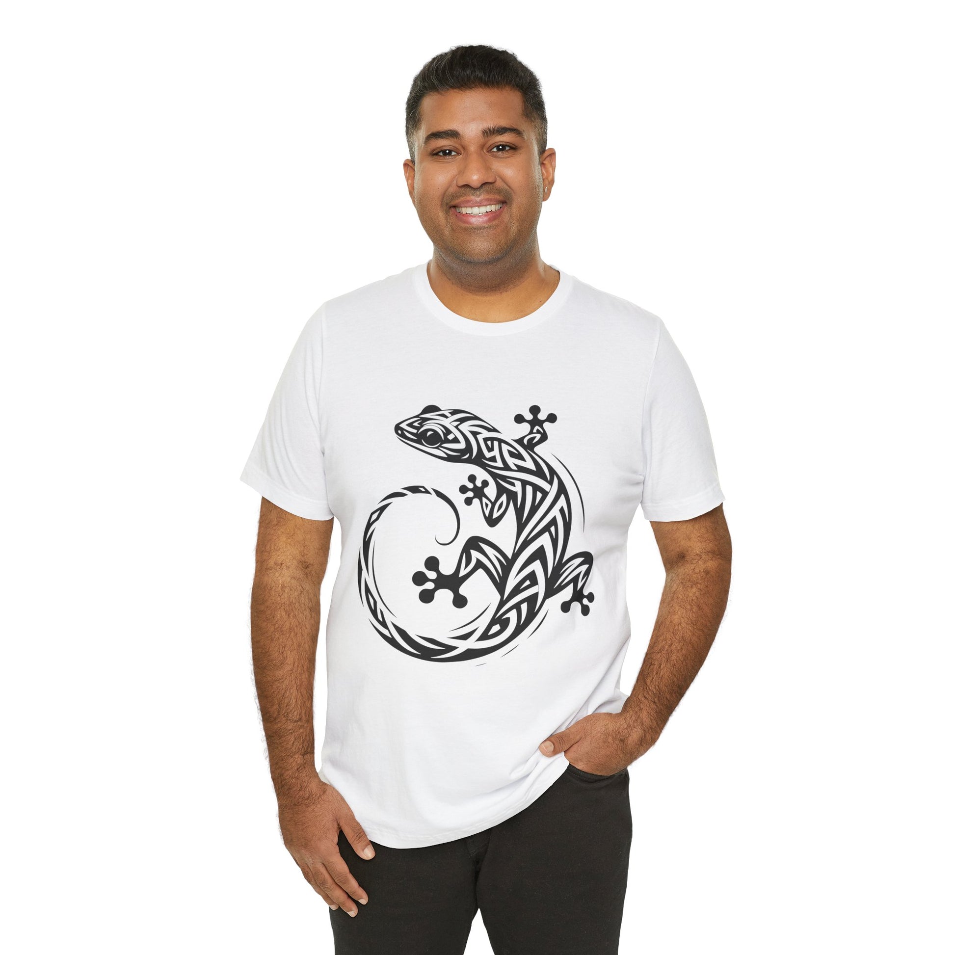 Tribal Gecko Tee – Bold Lizard Tattoo Art on Crisp White T-Shirt