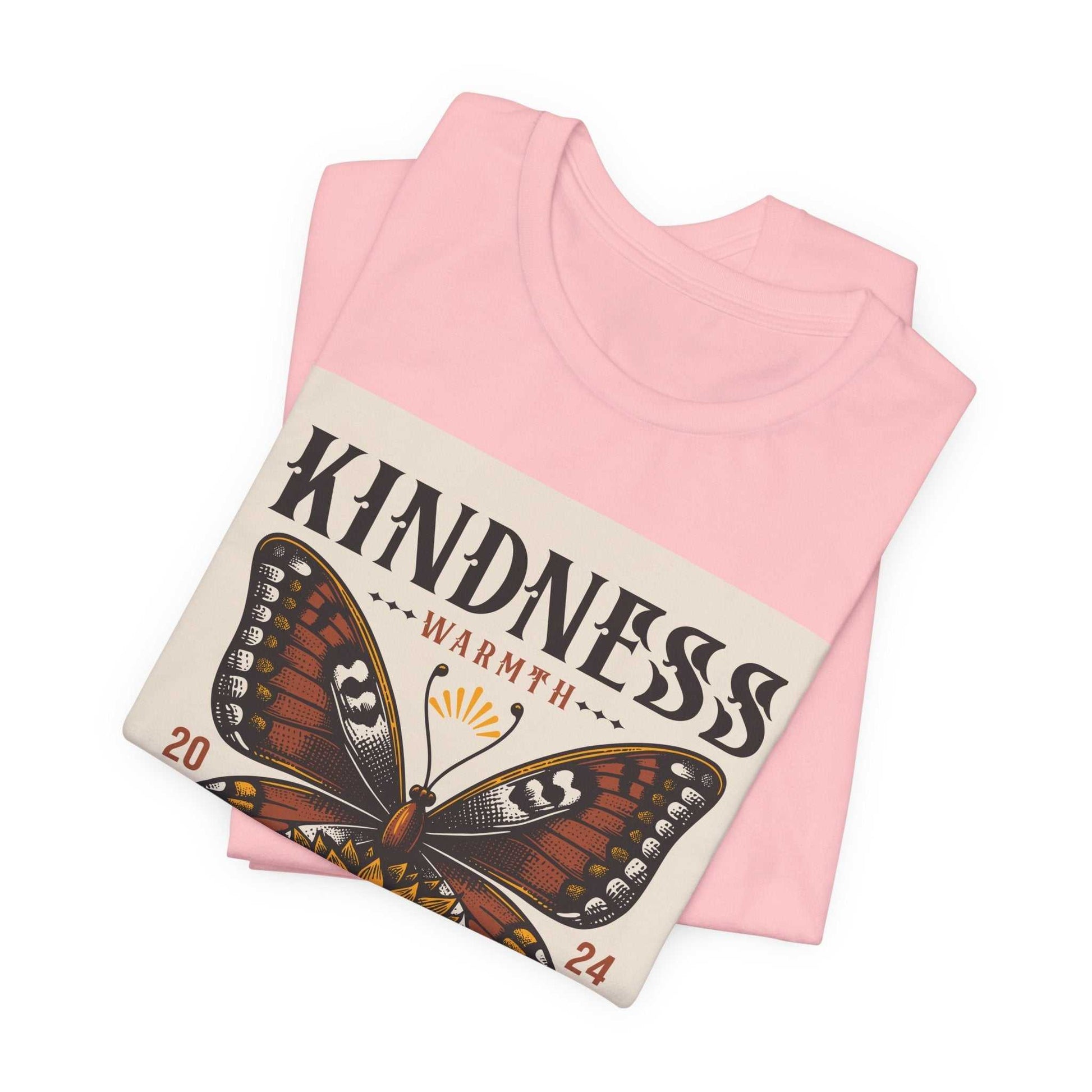 Pink Kindness Butterfly Tee with bold butterfly and warmth design on front