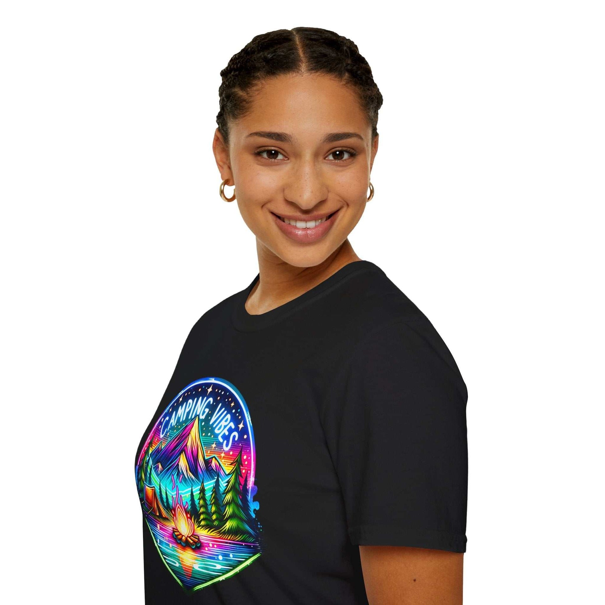 Unisex black softstyle t-shirt with colorful camping vibes graphic of mountains and campfire
