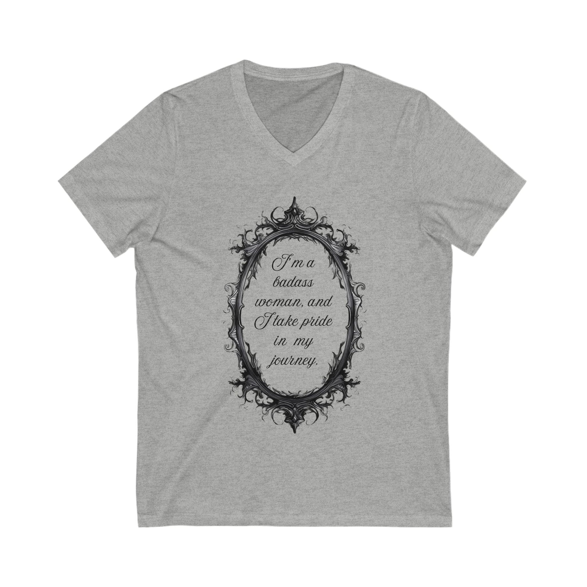Gray empowering V-neck tee for women with decorative frame and inspirational text design on front