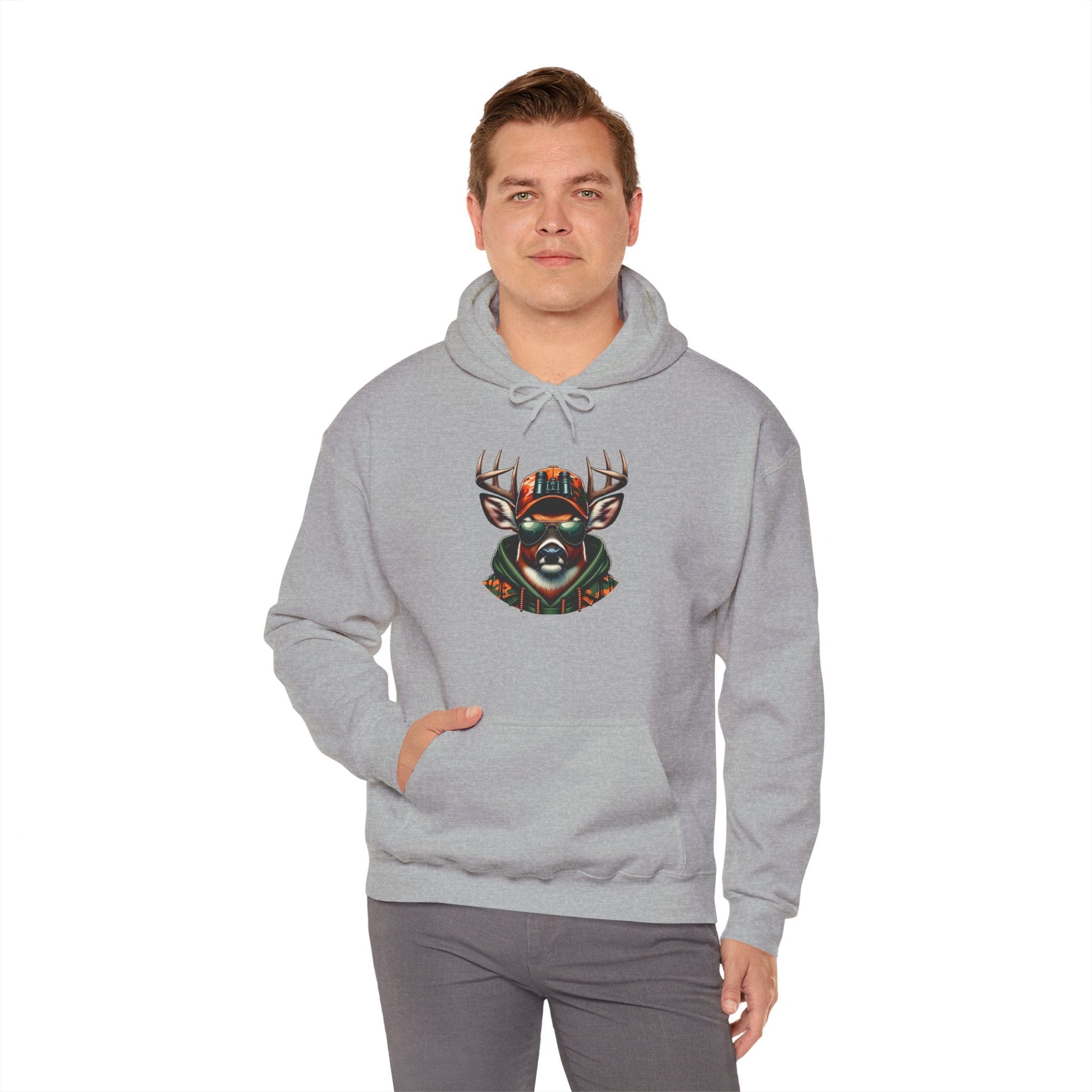 Man wearing grey hooded sweatshirt with bold colorful deer design on front and kangaroo pocket
