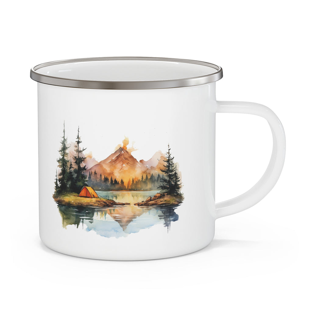 Mountain Sunrise Camping Enamel Mug with Scenic Lake Reflection