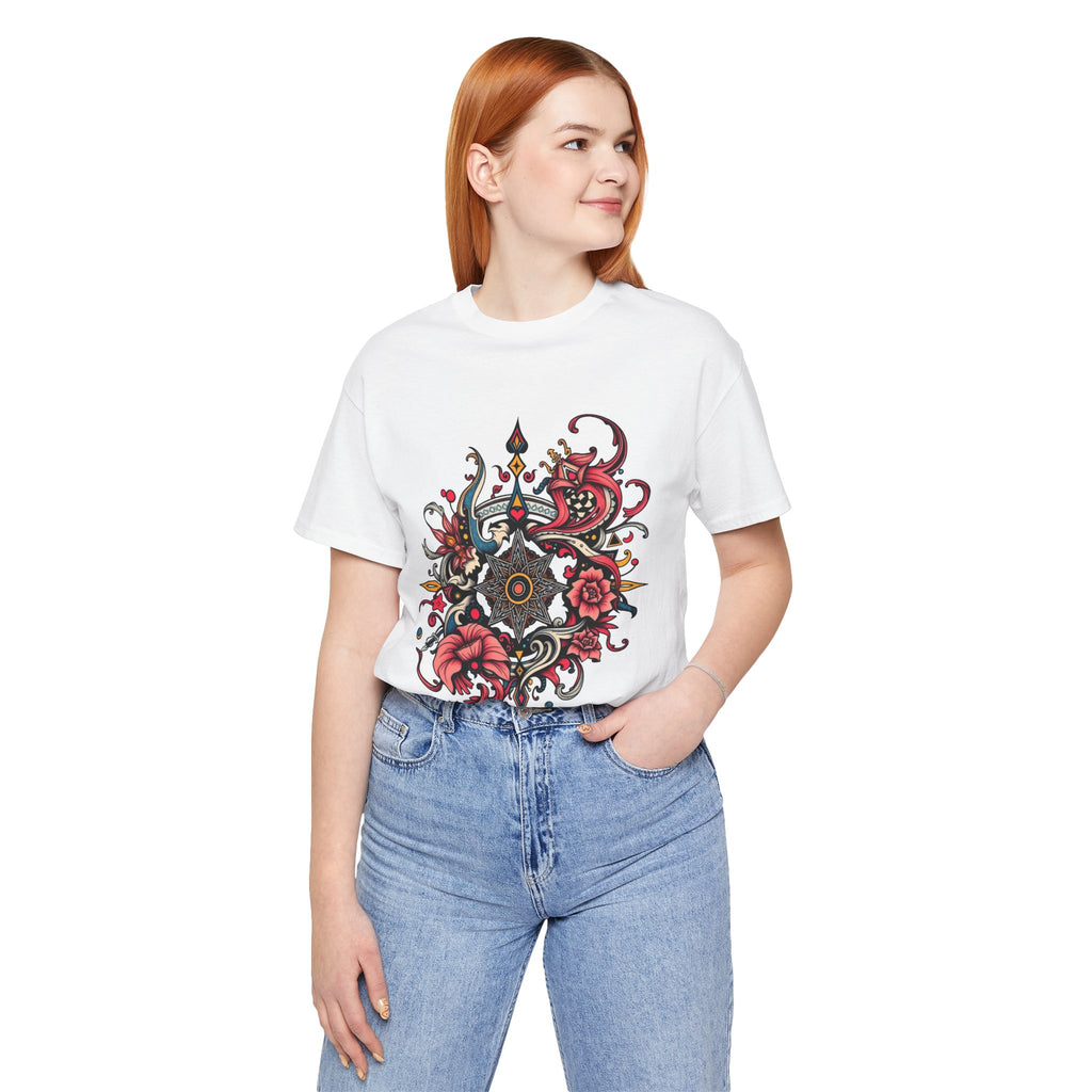 Vibrant tee with ornate red floral mandala design, offered in multiple bold color options