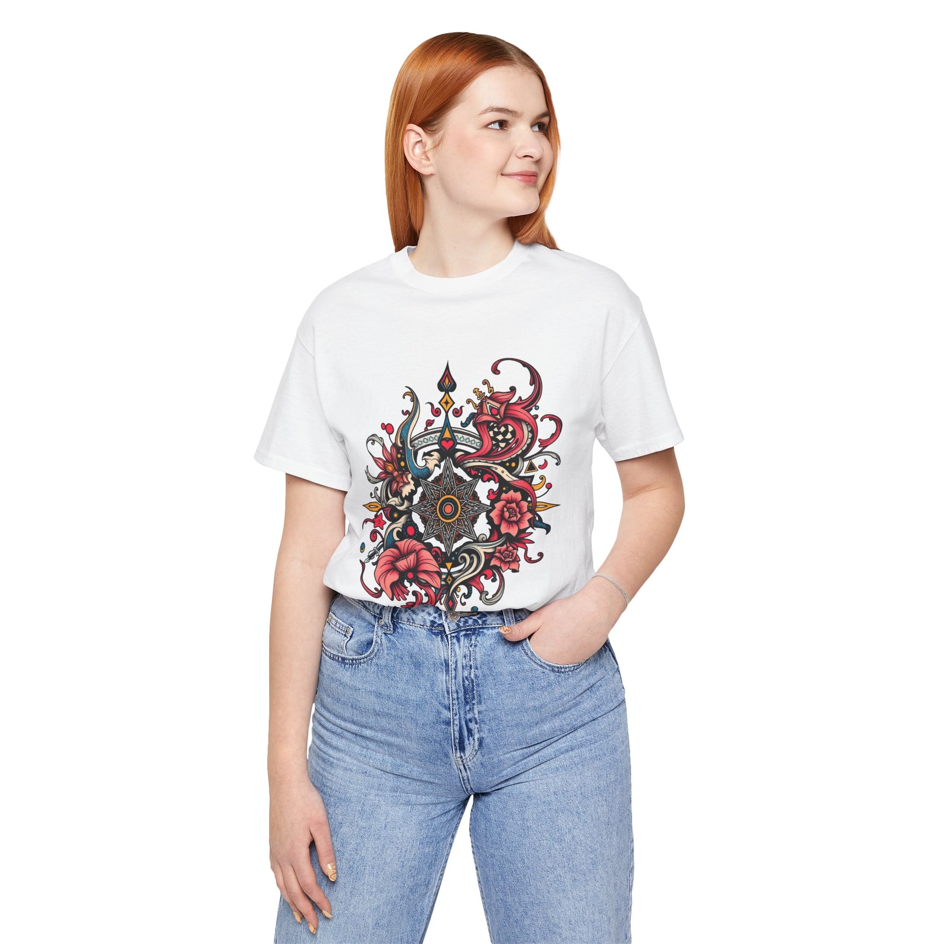 Vibrant tee with ornate red floral mandala design, offered in multiple bold color options