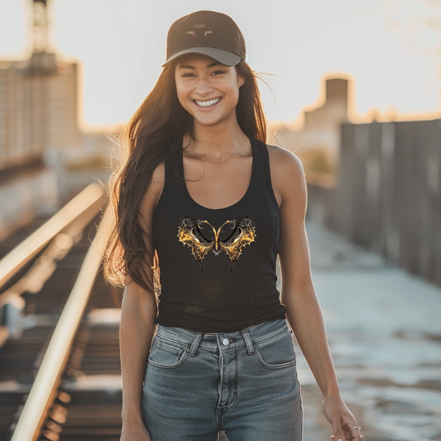 Racerback tank with an elegant black and gold butterfly for chic, artistic flair