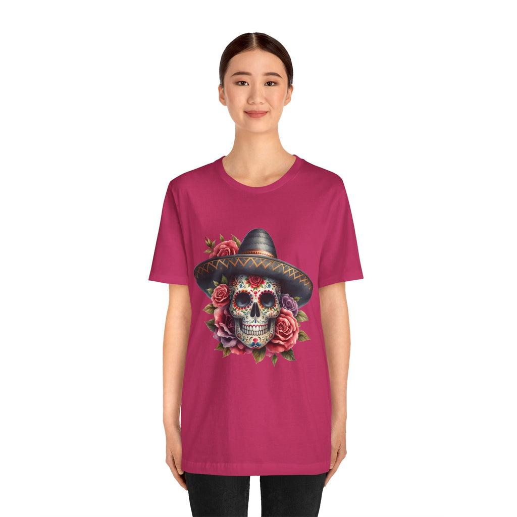 Colorful tee featuring a sugar skull in sombrero and roses for vibrant fiesta vibes