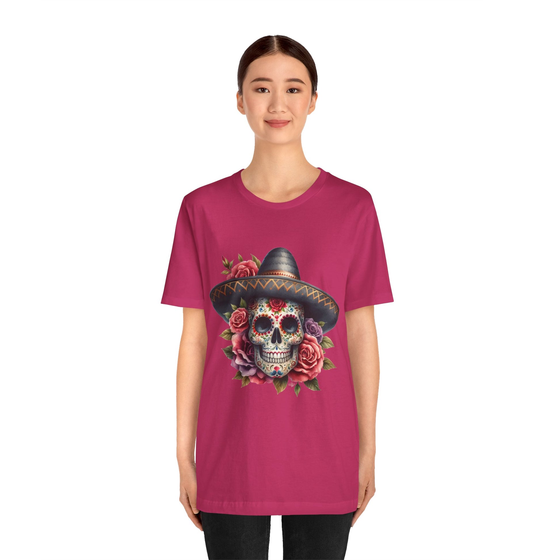 Colorful tee featuring a sugar skull in sombrero and roses for vibrant fiesta vibes
