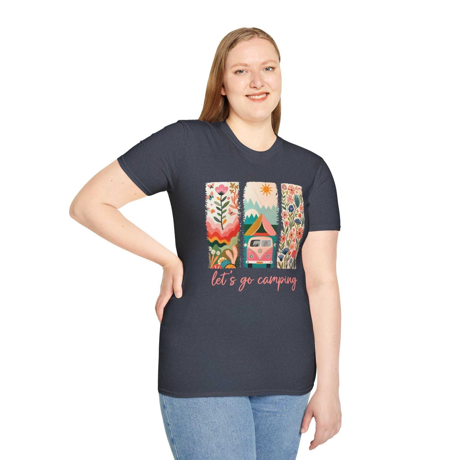 Unisex navy camping adventure t-shirt with colorful outdoor design and "let's go camping" text
