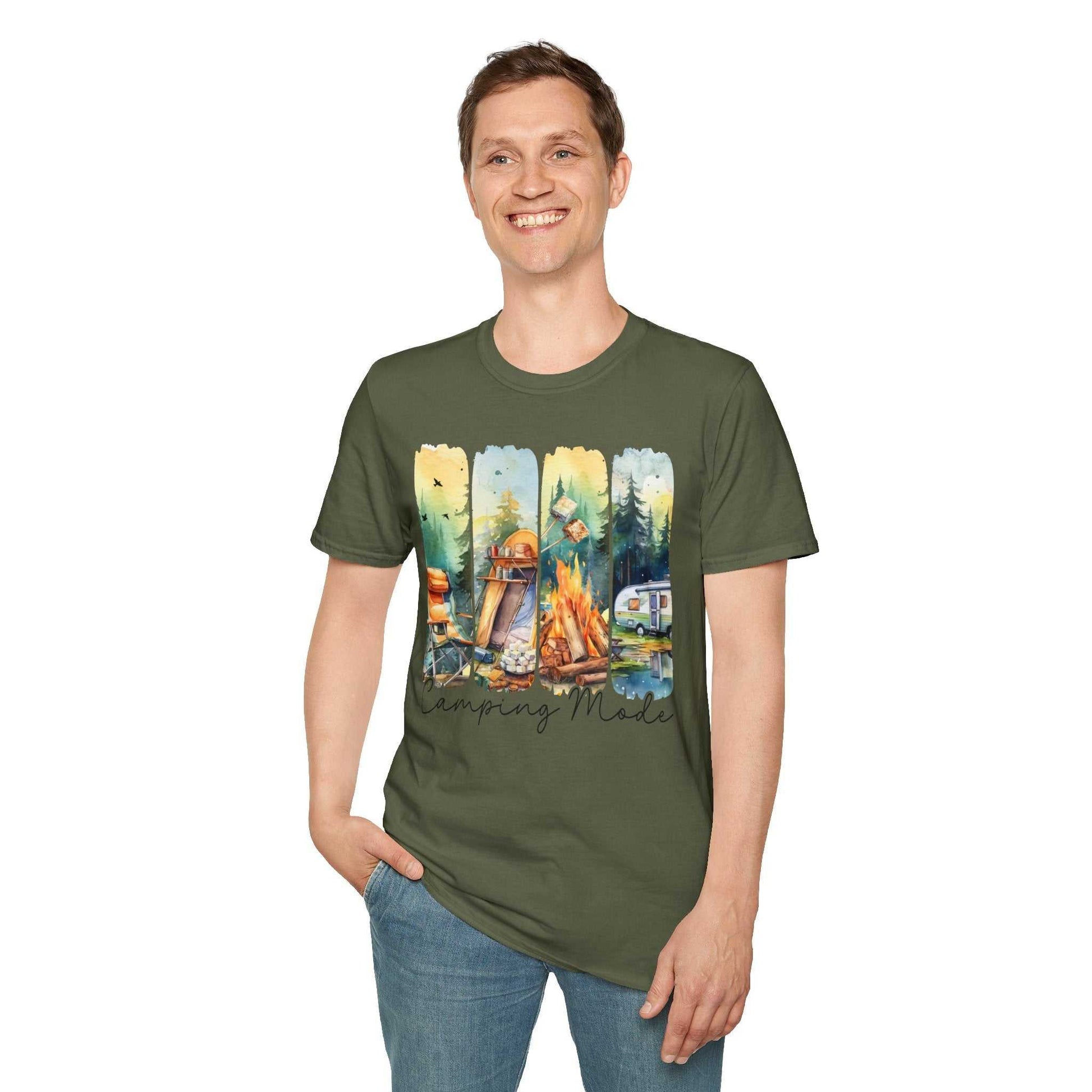 Man wearing olive green Camping Adventure Unisex T-Shirt with colorful camping-themed graphic and casual blue jeans