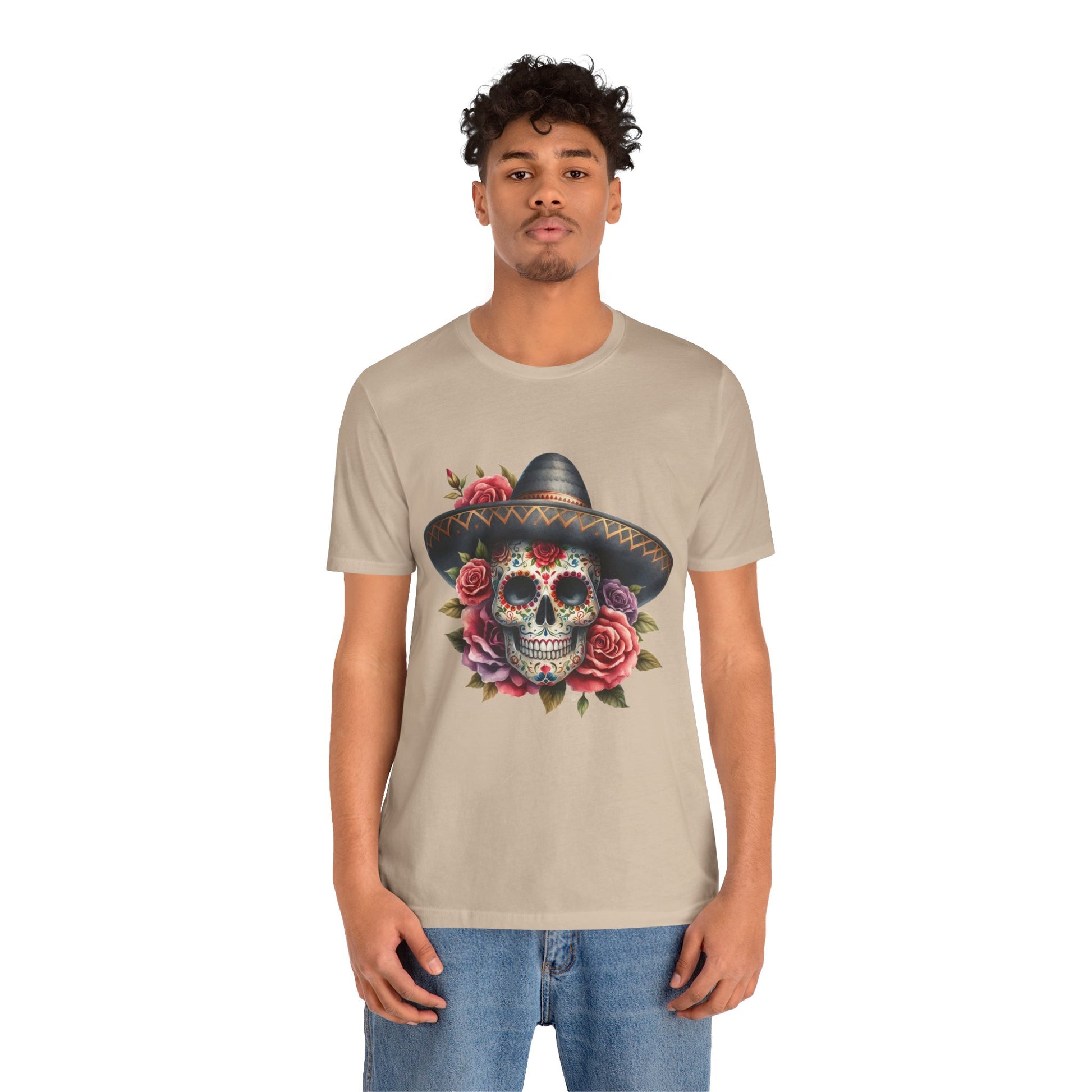 Colorful tee featuring a sugar skull in sombrero and roses for vibrant fiesta vibes