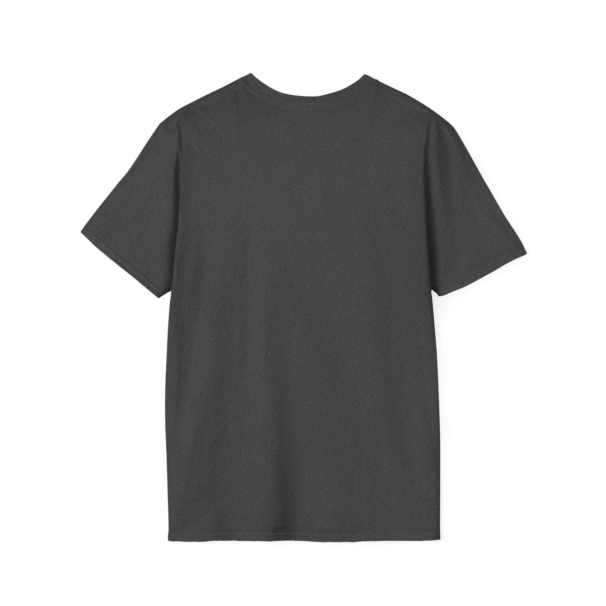 Plain dark gray unisex cotton T-shirt with short sleeves and crew neckline, back view, Camping Adventure Unisex T-Shirt