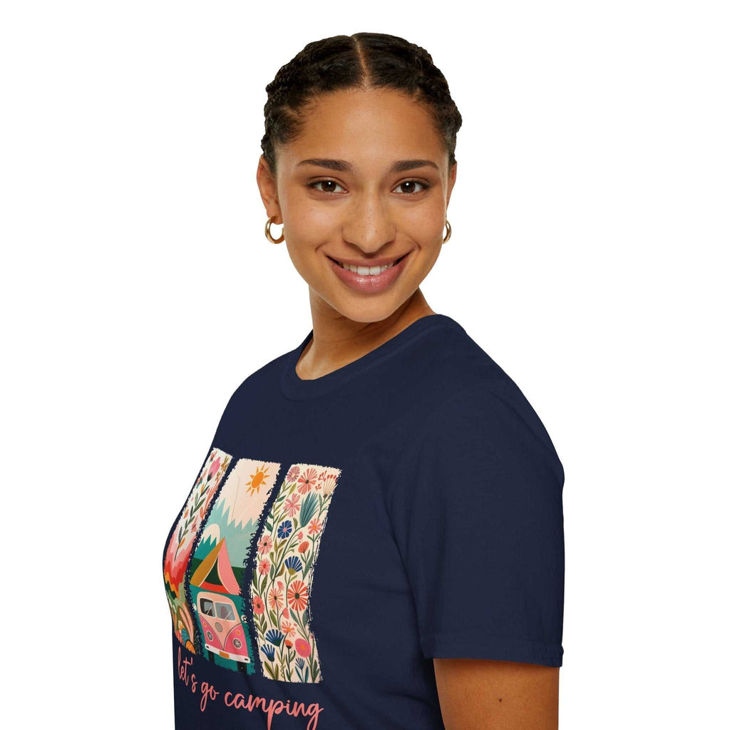 Woman wearing navy unisex softstyle t-shirt with colorful camping adventure design