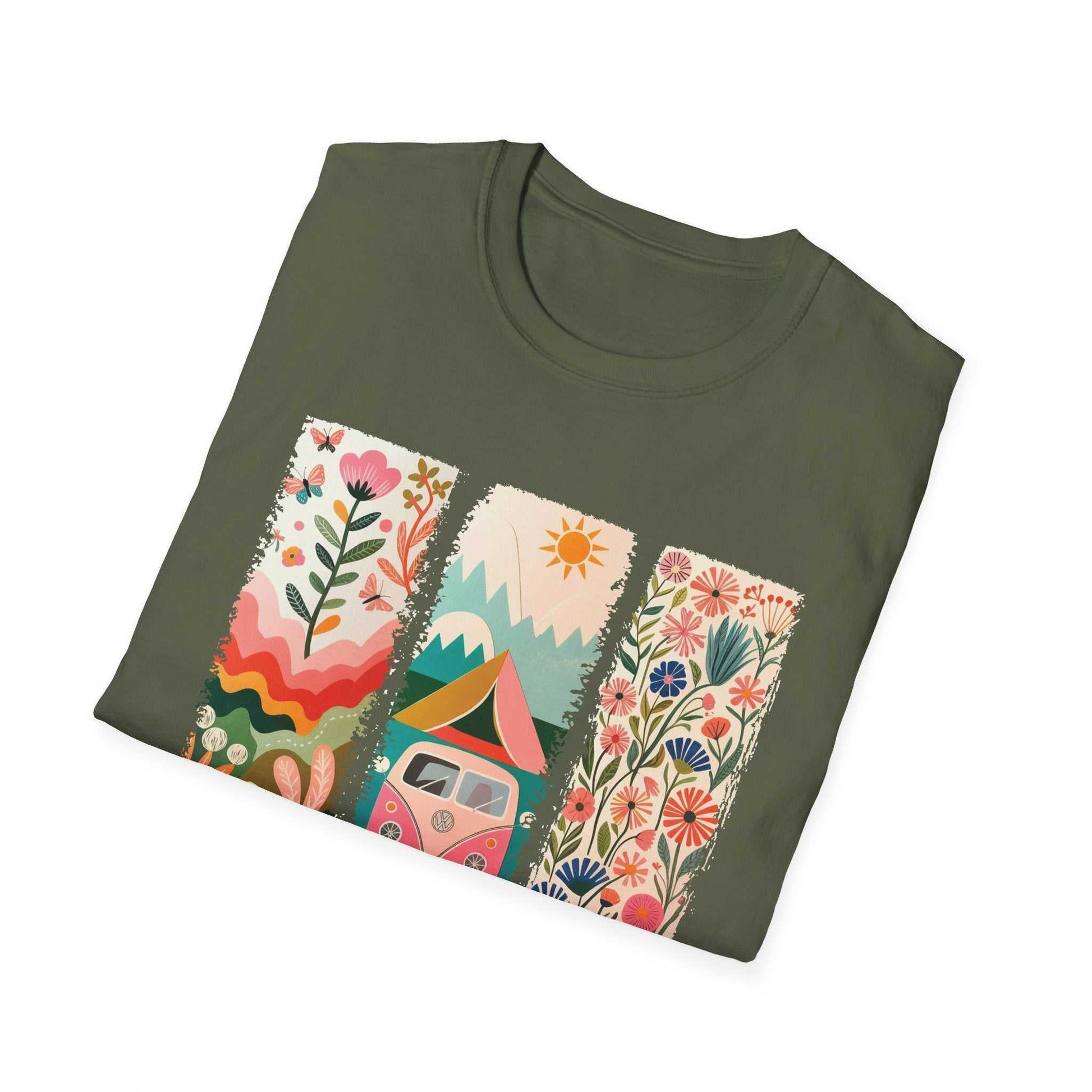 Unisex softstyle green t-shirt with colorful camping adventure graphic featuring flowers, mountains, tent, and sun