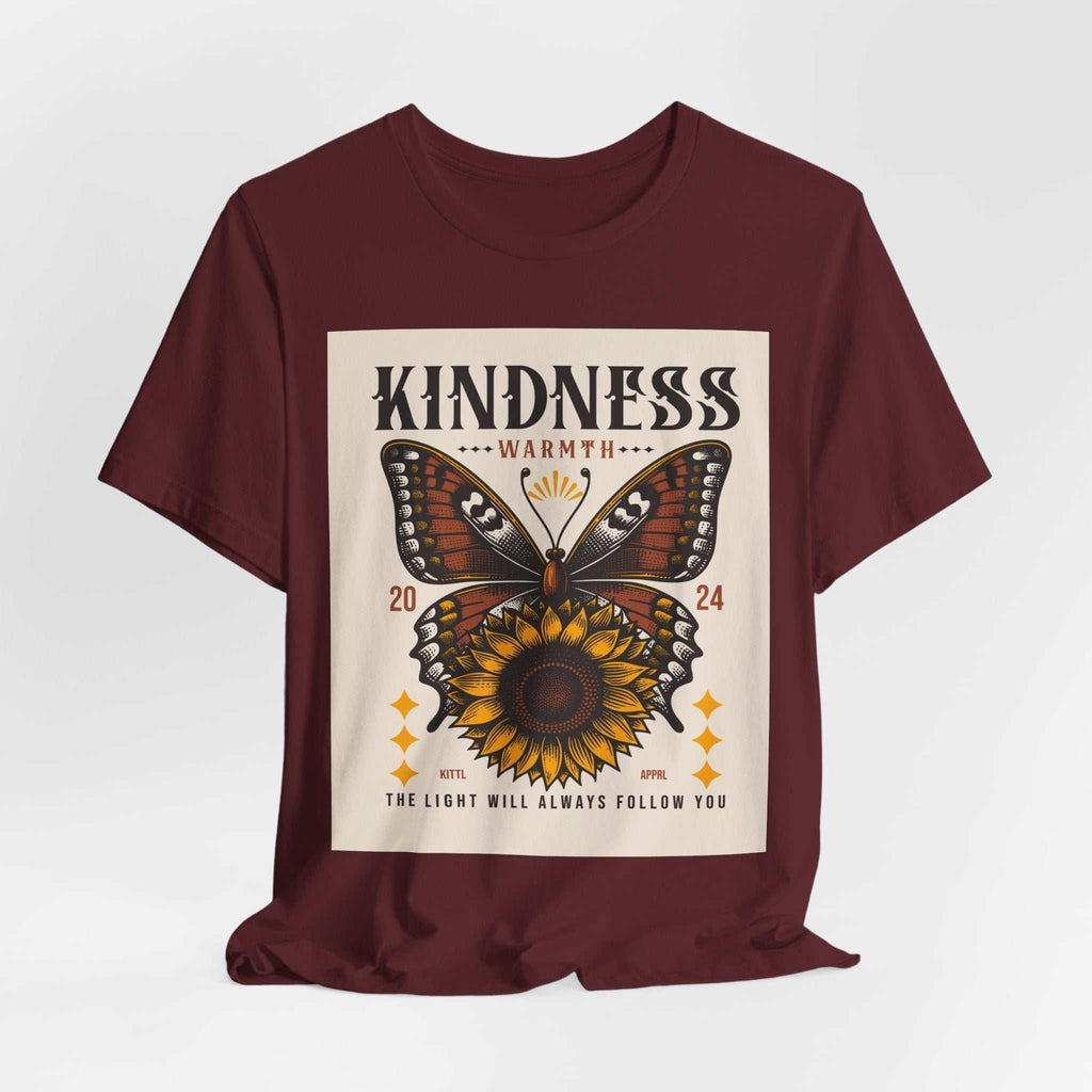 Maroon Kindness Butterfly Tee featuring a butterfly and sunflower graphic with inspirational text on front