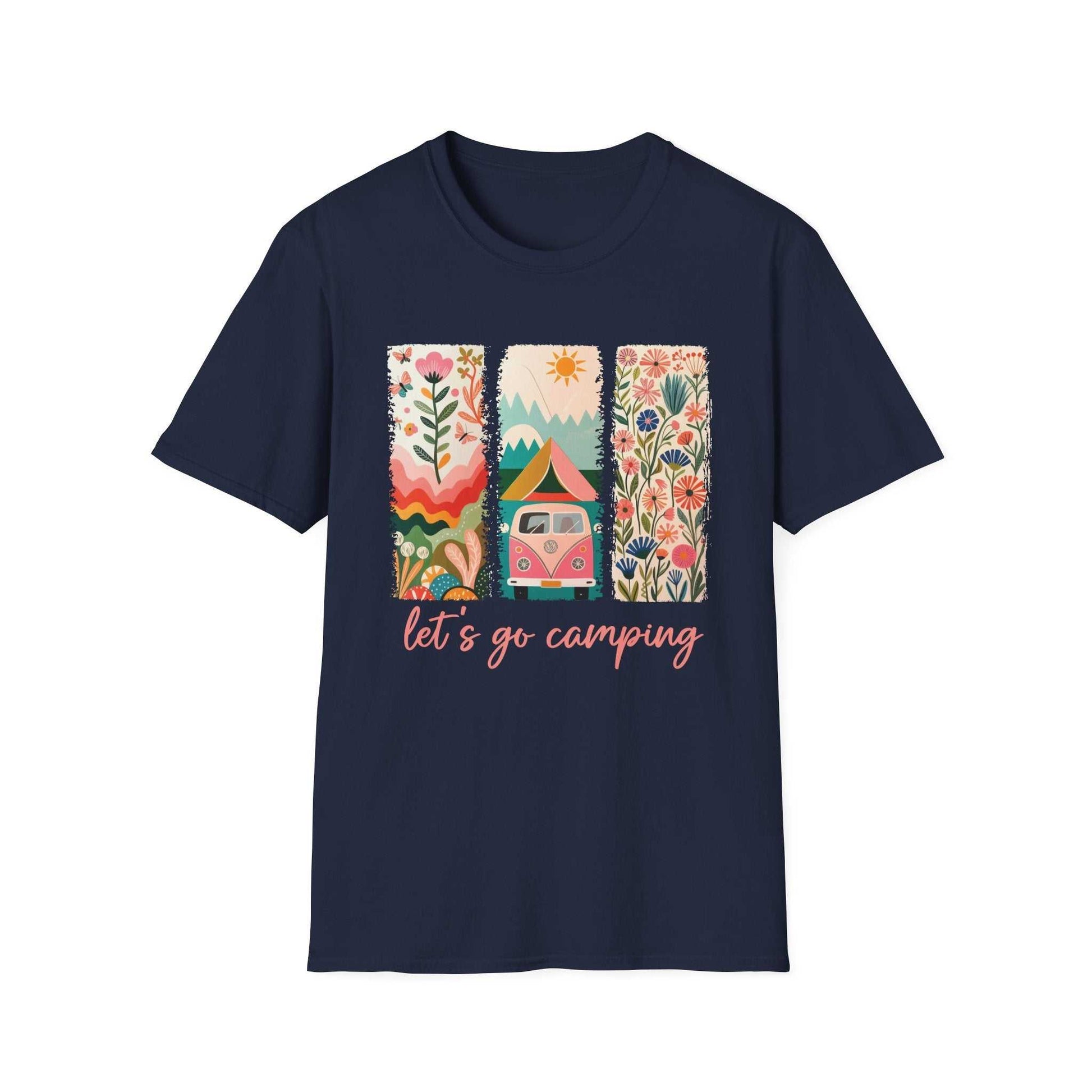 Camping Adventure unisex navy t-shirt with colorful nature and van graphic and "let's go camping" text