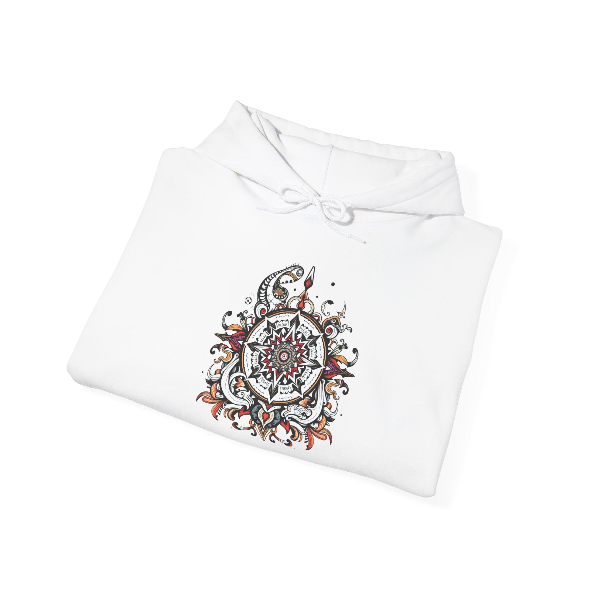 Cozy hoodie featuring a striking black, red, and white mandala, offered in vibrant color choices