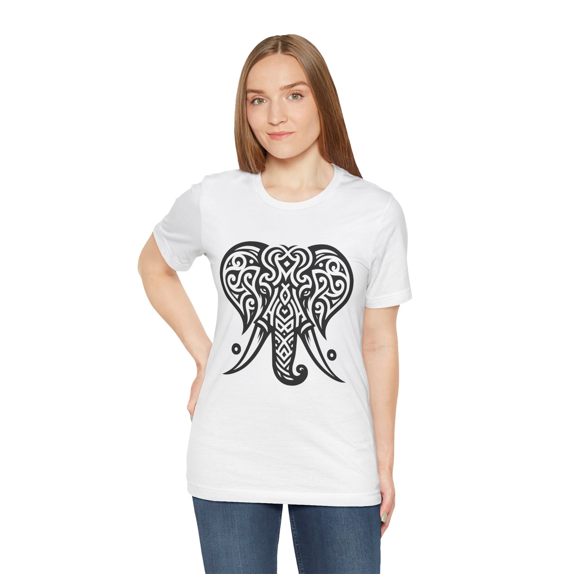 Tribal Elephant T-Shirt – Bold Black Tattoo Art on White Tee
