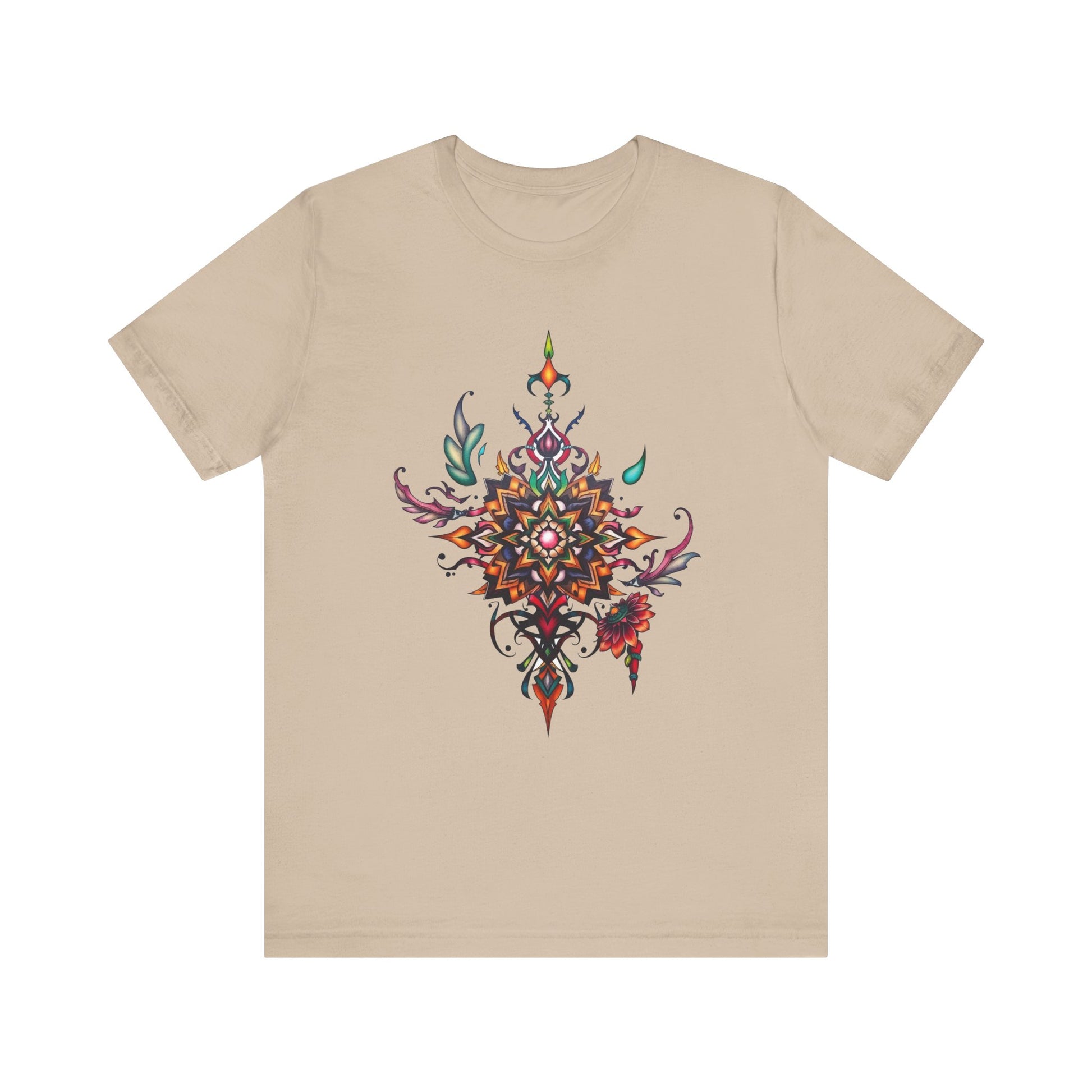 Colorful tee with an ornate mandala and floral design, available in vibrant color options
