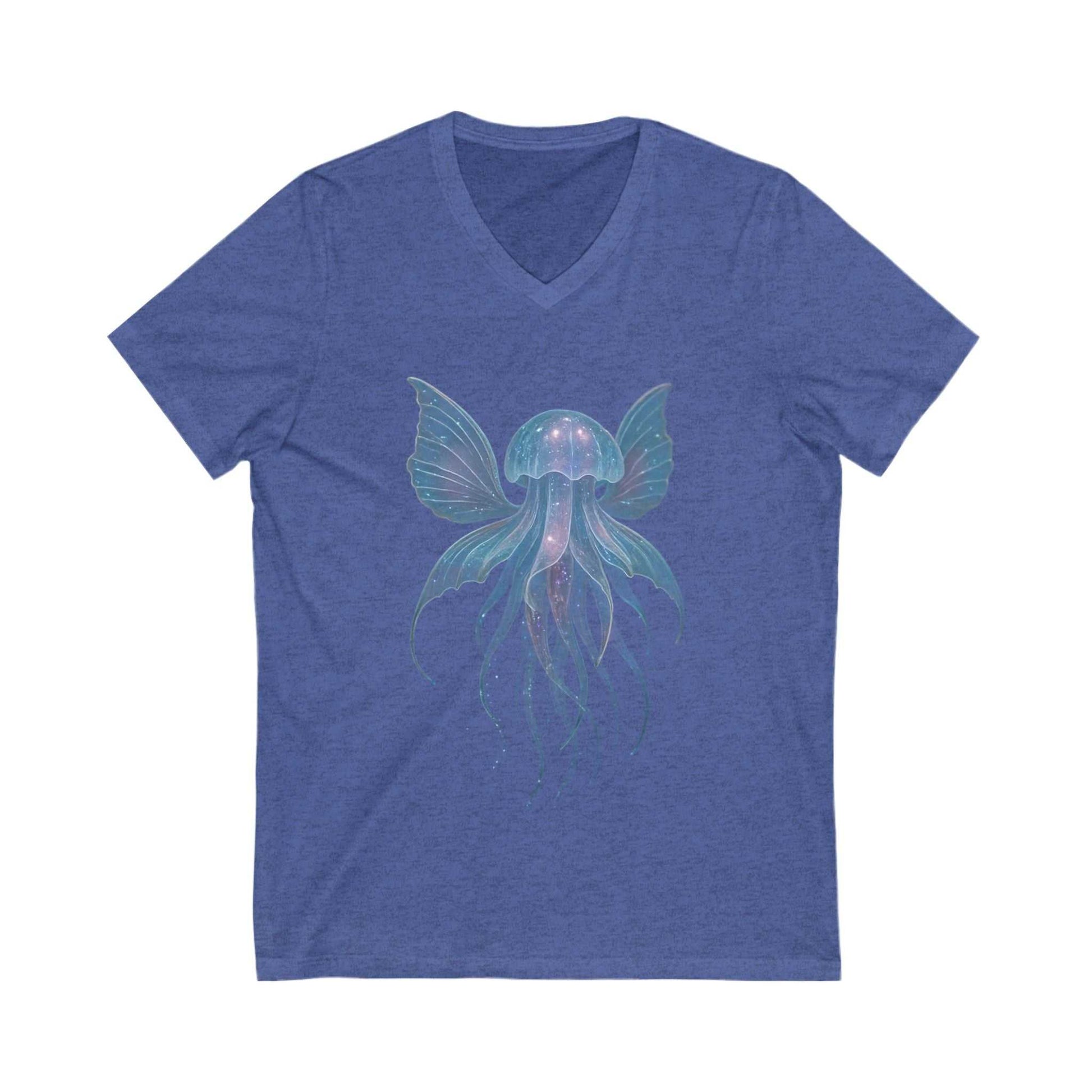 Blue unisex V-neck tee with a magical jellyfish graphic design, lightweight and breathable fabric.
