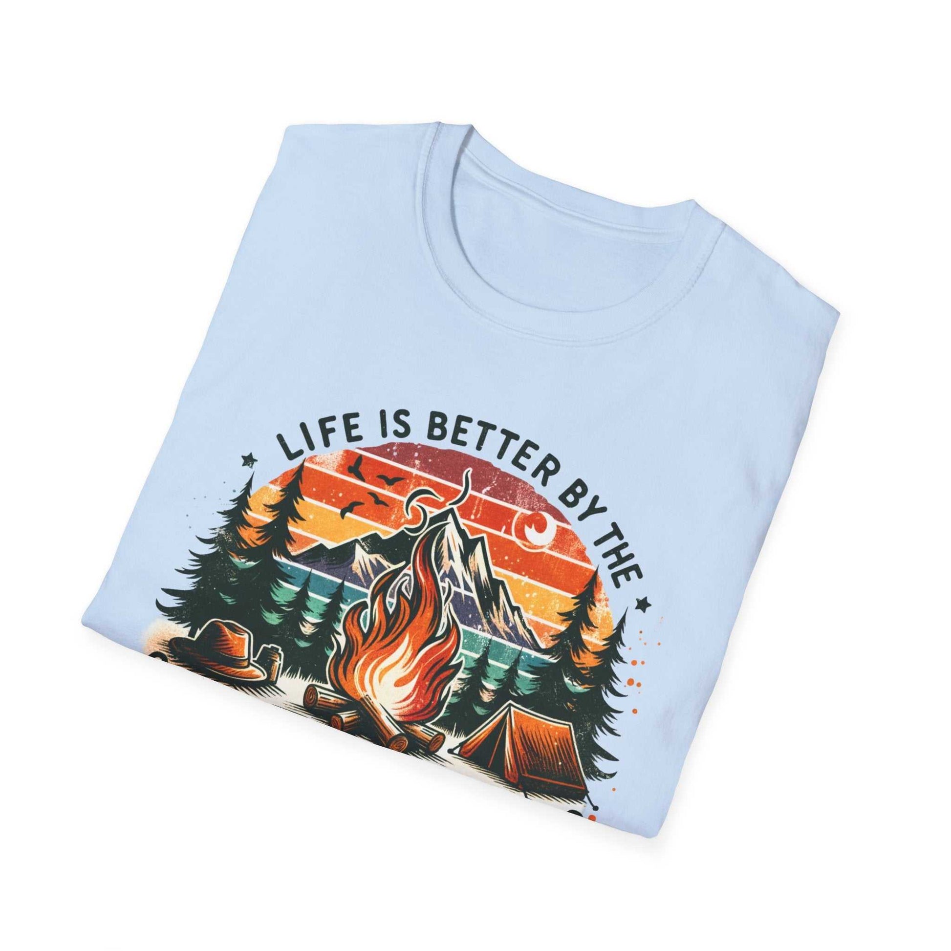 Unisex camping t-shirt with campfire and mountain design, featuring "Life is Better by the Campfire" text.